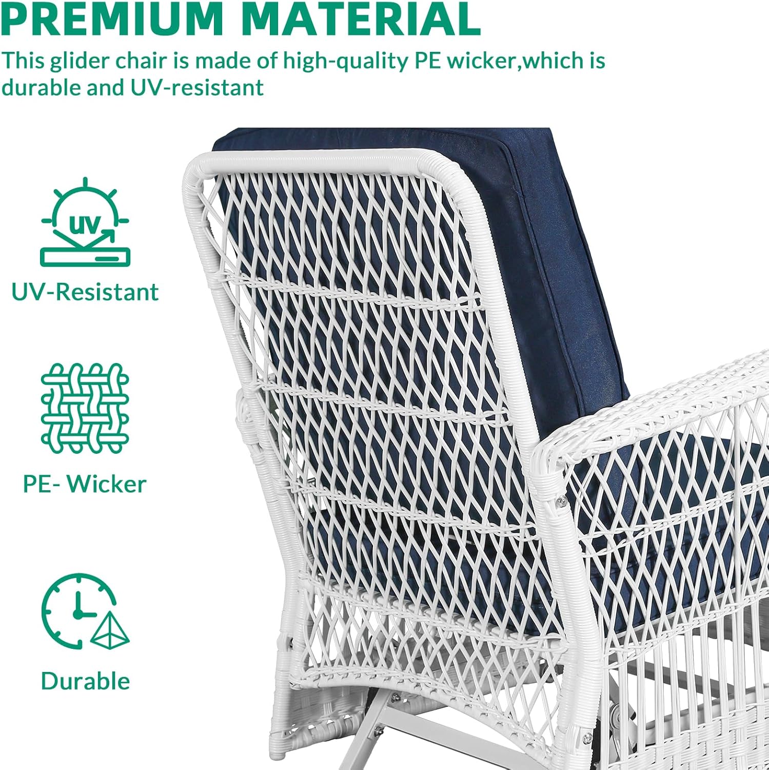 VIVIJASON 2-Piece Outdoor White Wicker Glider Rocking Chair, Patio Rattan Swing Glider Chairs with Cushions & Steel Frame, All-Weather Gliding Lawn Wicker Furniture for Garden Backyard, Navy Blue