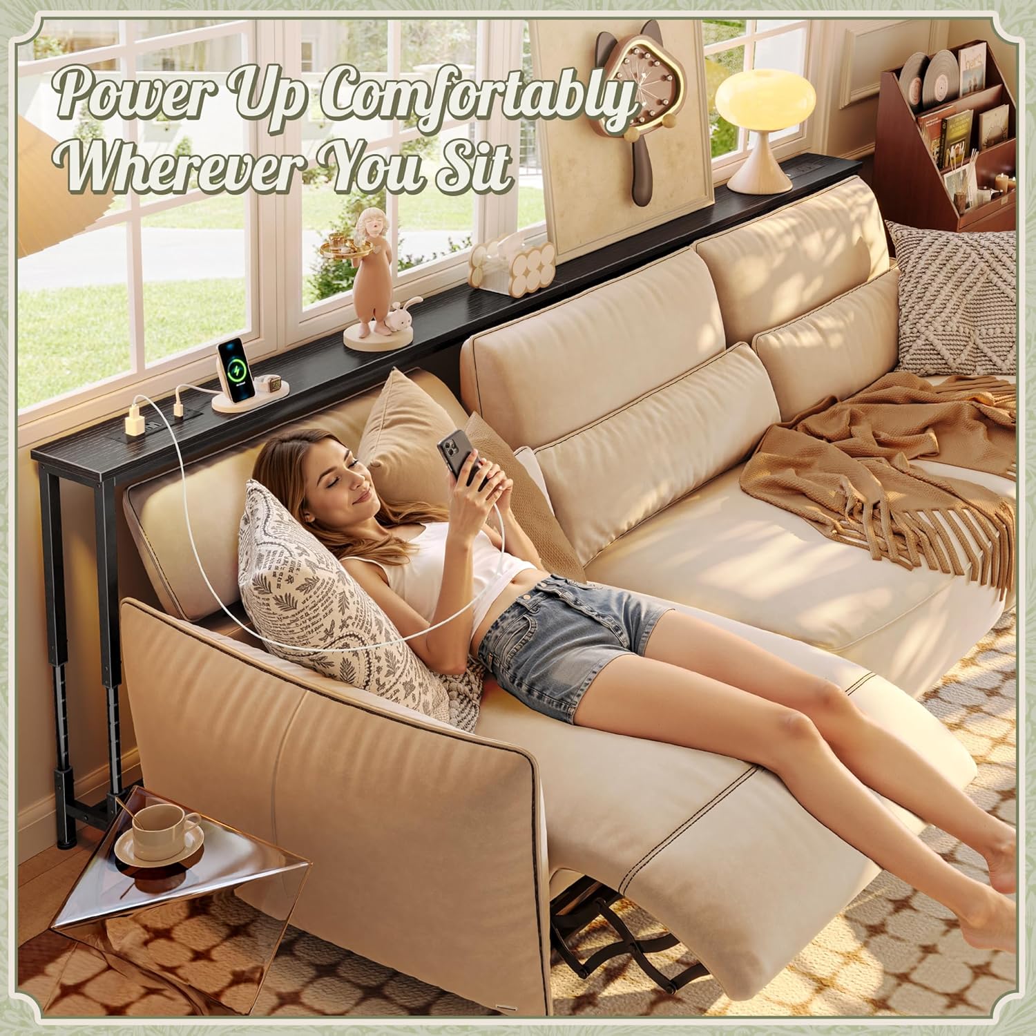 Huuger 102.4 Inch Sofa Table with Power Outlets, 23.9’’-34.4’’ Height Adjustable Range, Behind Couch Table with USB-C Ports, Sofa Tables Narrow Long, Skinny Console Table, for Small Spaces, Black