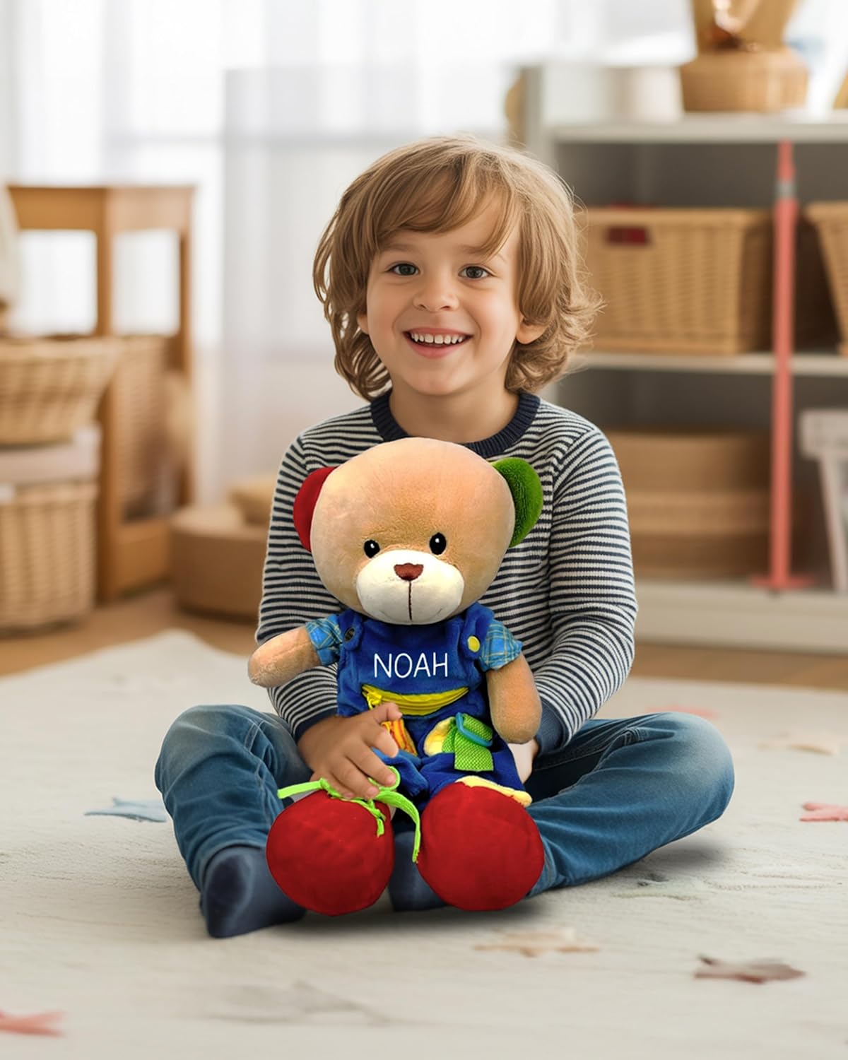 Linzy Personalized 16’’ Soft Educational Teddy Bear with Removable Outfit – Plush Learning Toy with Buttons Zippers Snaps for Toddlers Kids – Fine Motor Skills, Problem Solving Practice