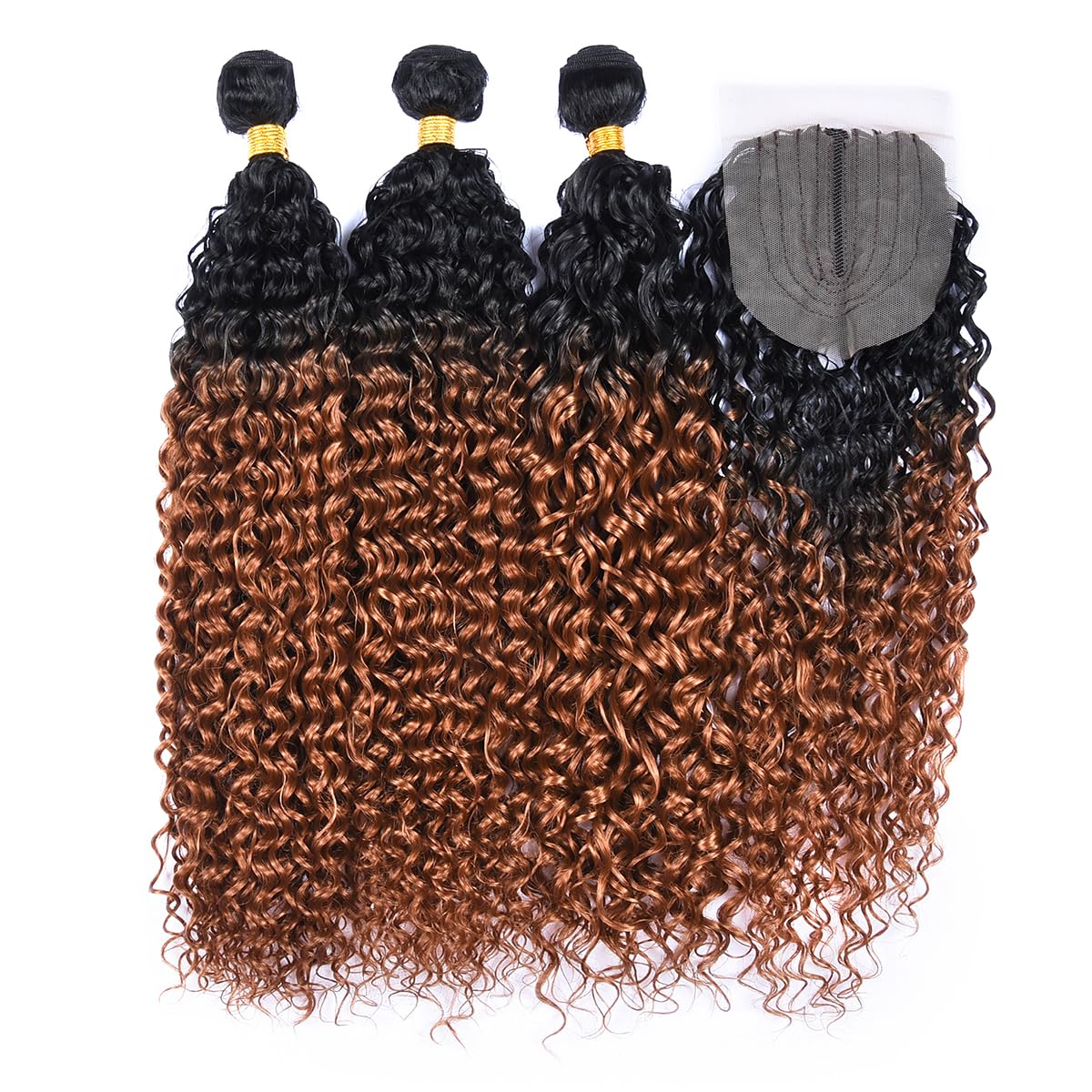 Luovce Synthetic Hair Extension Water Wave Synthetic Hair Weave Bundles 3 Bundles 22 inches with one Closure 230 Grams T1b/30 Colour - Image 2