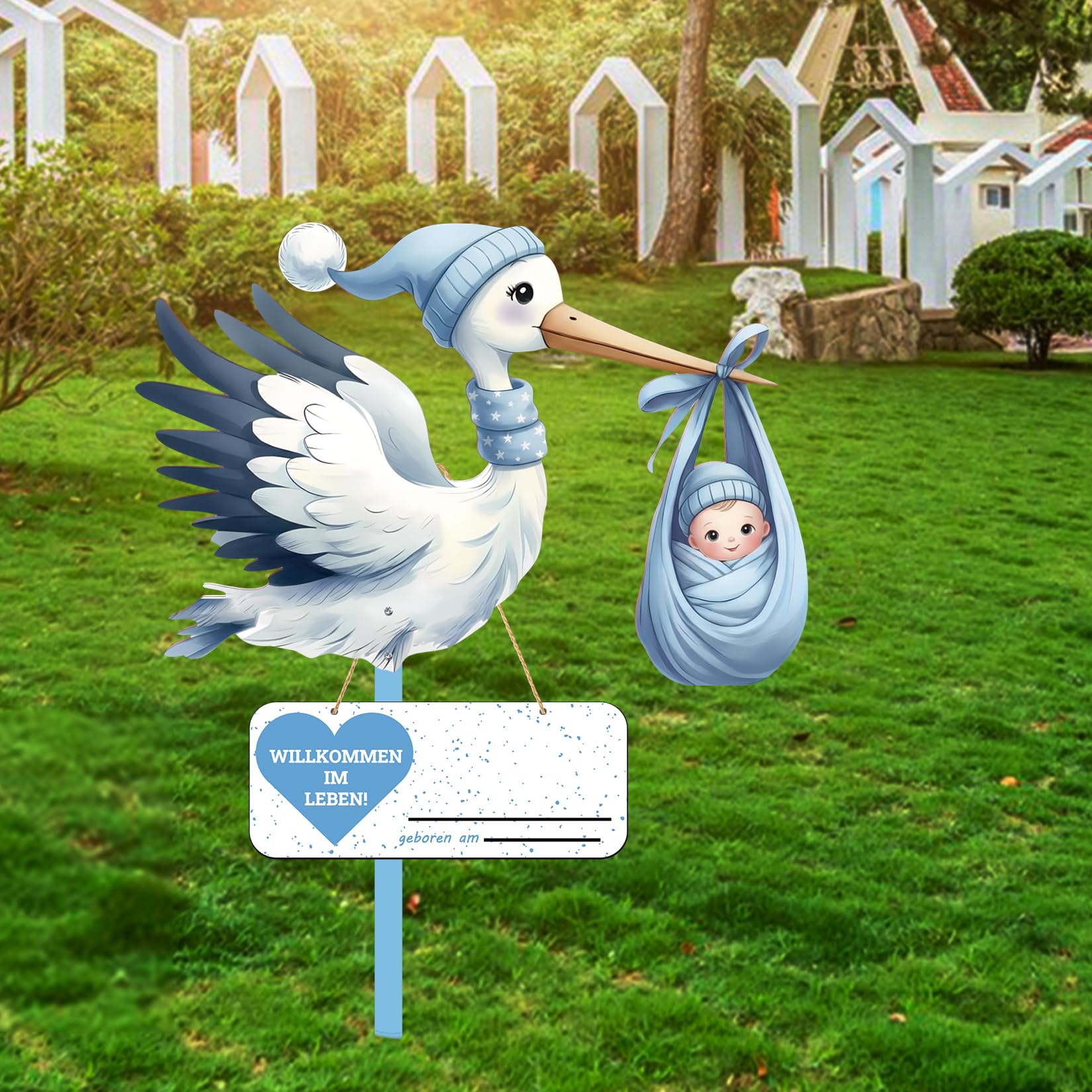 Cigogne à Clapette pour Naissance Bébé Imprimé Sur Deux Faces avec Bâton en Bois Plaque Nominative pour L'intérieur Et L'extérieur Idée Cadeau Naissance (Bleu)