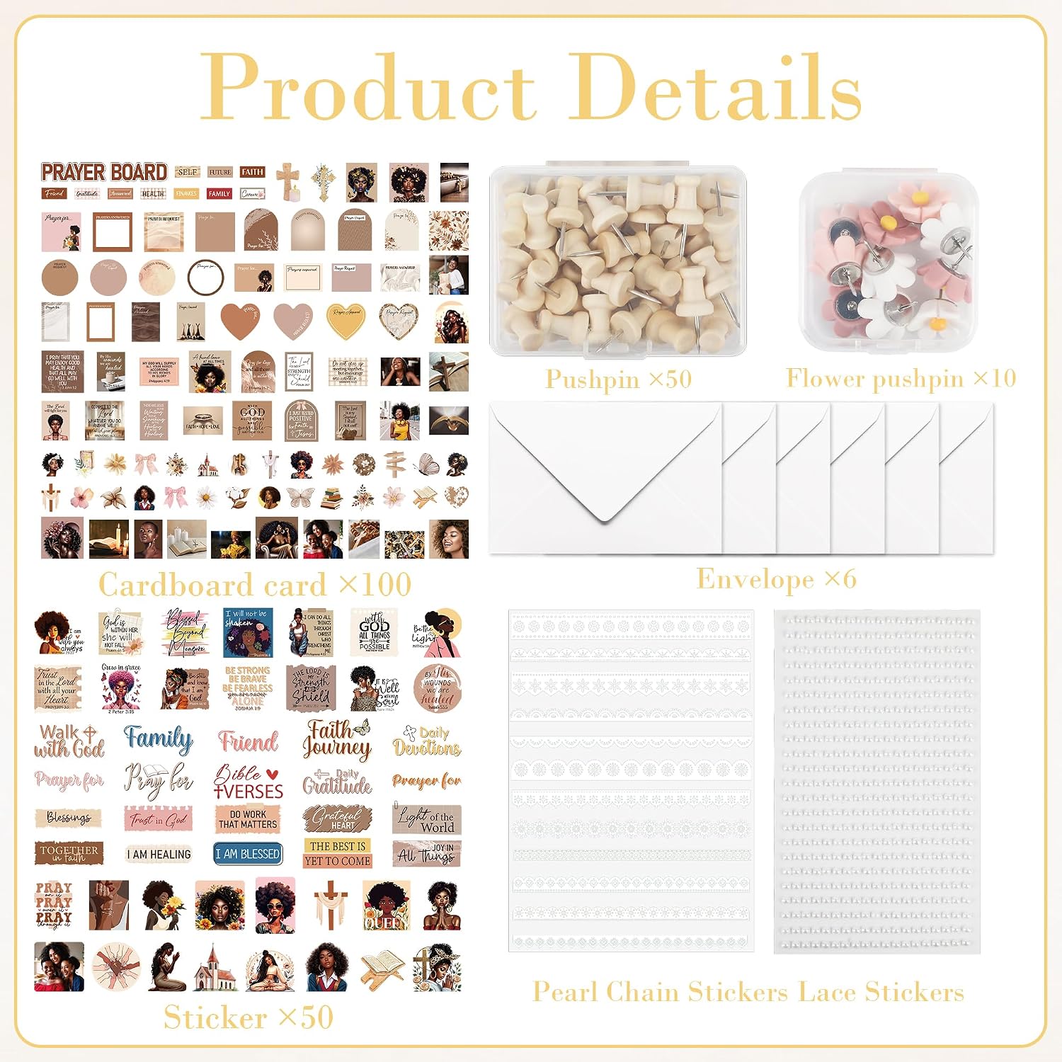 Prayer Board Kit for Black Women, 217 Pcs Brown Faith Vision Board Supplies Set with Bible Verse Cards Stickers Envelopes Pins, Inspirational Christian Décor for Home Office Church (No Board)