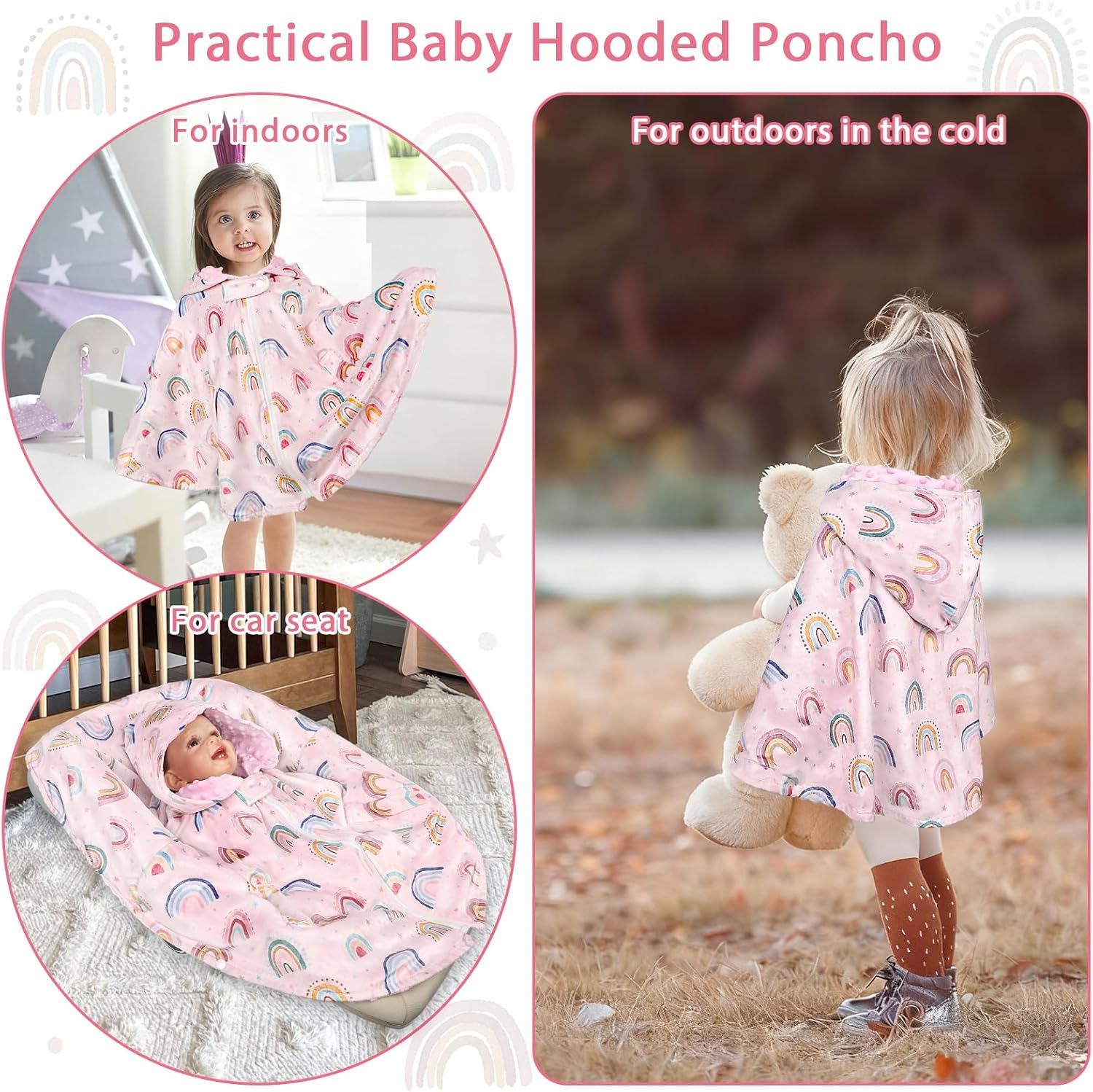 Toddler Car Seat Poncho, Winter Carseat Cover for Baby Girl, Warm Kids Hooded Poncho Coat, Soft & Comfortable - Image 4