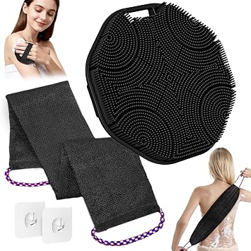 Manmihealth Soft Silicone Body Scruuber & African Bath Sponge Net Set, Gentle-Cleansing Shower Brush & Exfoliating Mesh Combination, Lathering Well Africa Wash Net Shower Scrubber Black