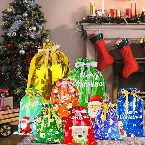 Miniatura 5 de 28 bolsas de regalo con cordón de Navidad, bolsas de regalo de Papá Noel con lazo de cinta, tamaños grandes, medianos y pequeños, y 8 diseños para