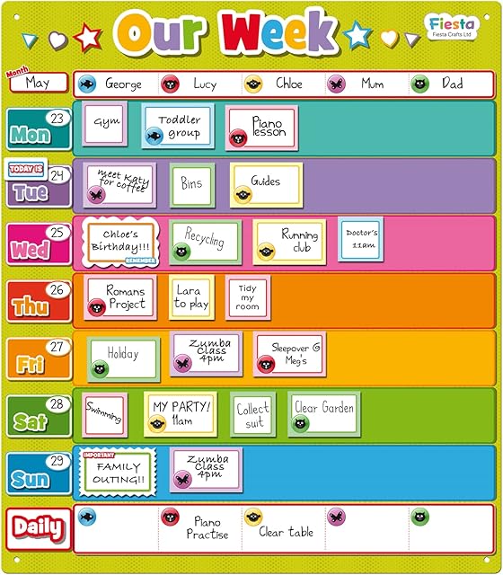 Fiesta Crafts Magnetic Weekly Planner - Colorful & Easy-to-Clean Our Week Fridge Chore Chart for Family - Daily Calendar & Visual Schedule for Kids & Toddlers with Whiteboard Pen & Rectangular Boards