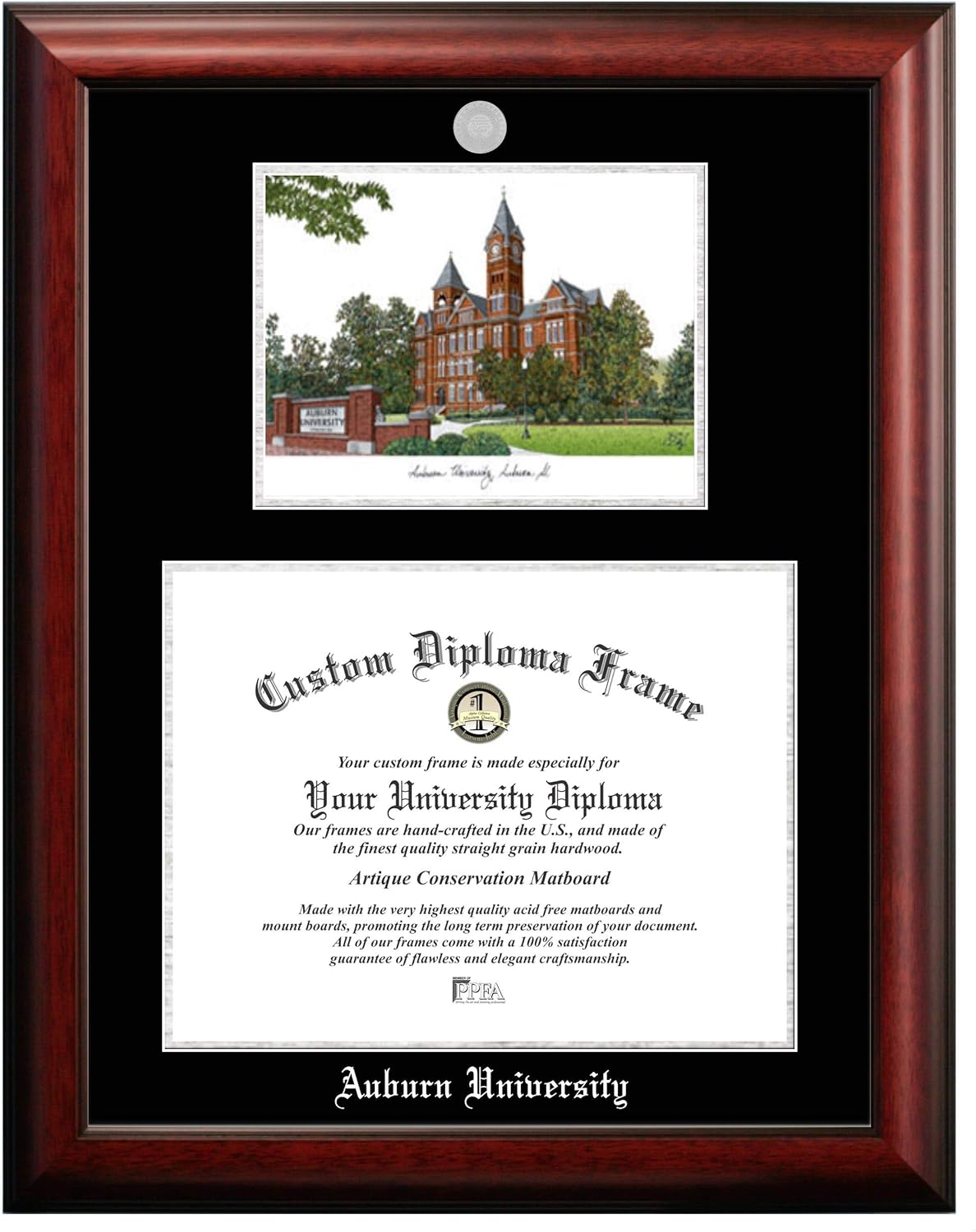 Campus Images Auburn University Double Diploma Frame – 13 x 17 Satin Mahogany with Silver Medallion and Landmark Lithograph, Black & Silver Matting