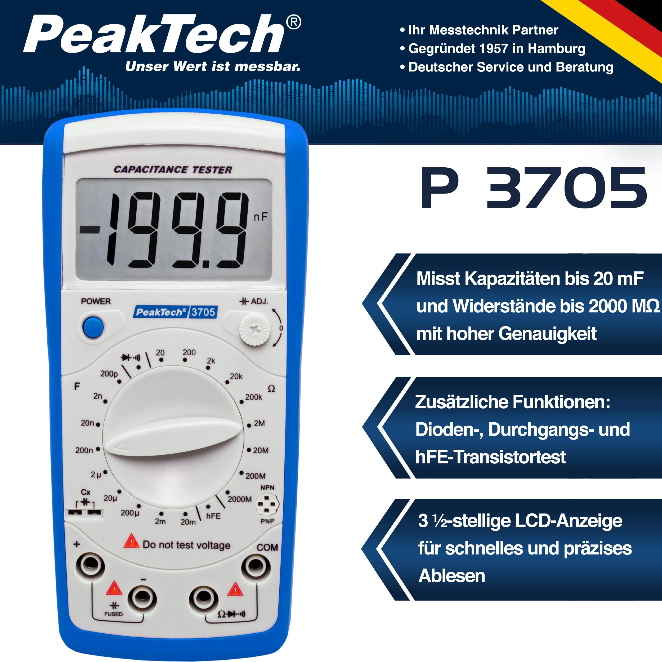 PeakTech P 3705 Digital Medidor de Capacitancia 20MF Resistencia 2000 Mohm Probador Continuidad Diodos Transistor Hfe