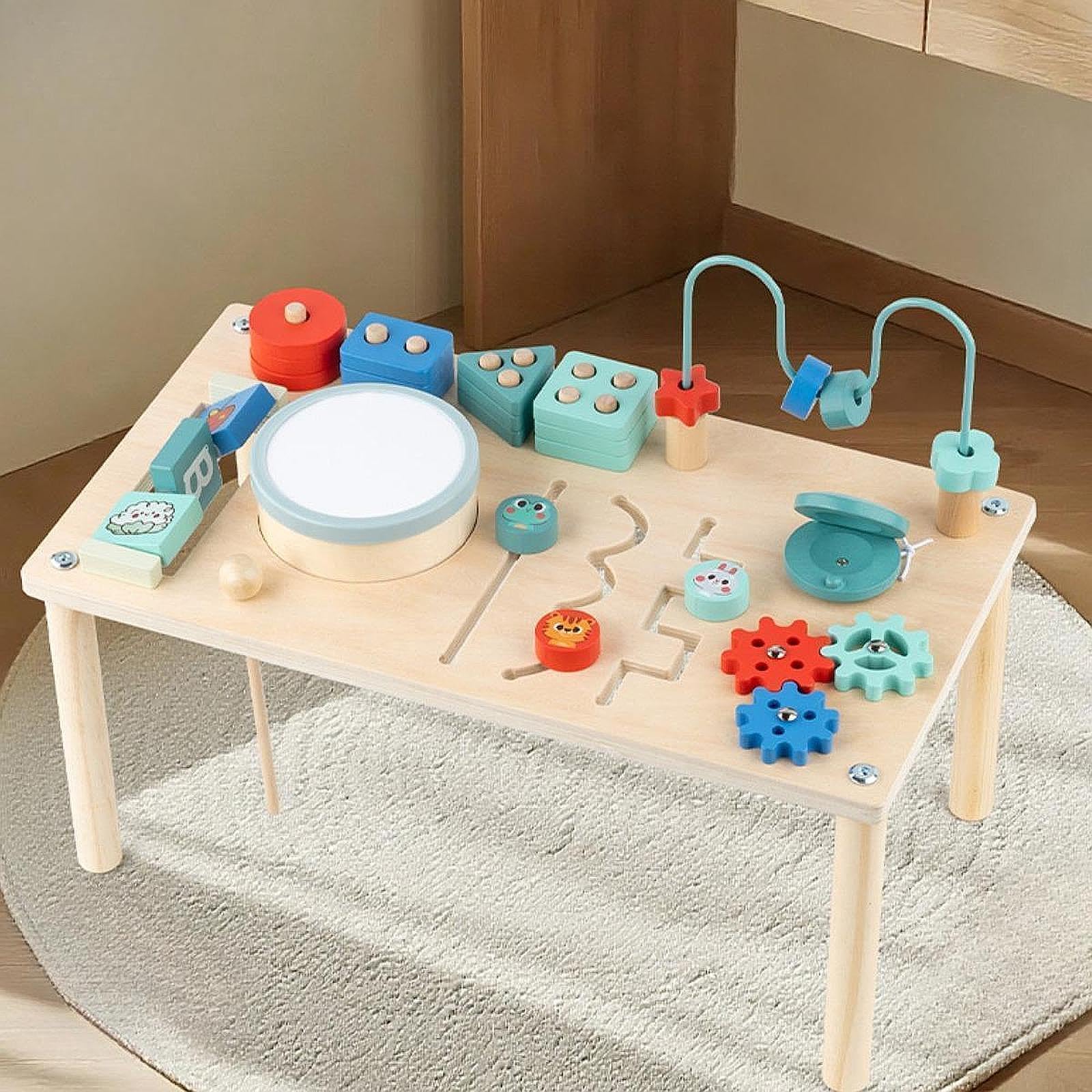 Mesa de Actividades de Madera para Niños, Juguetes de Aprendizaje Temprano, Regalos de Cumpleaños con Engranajes.