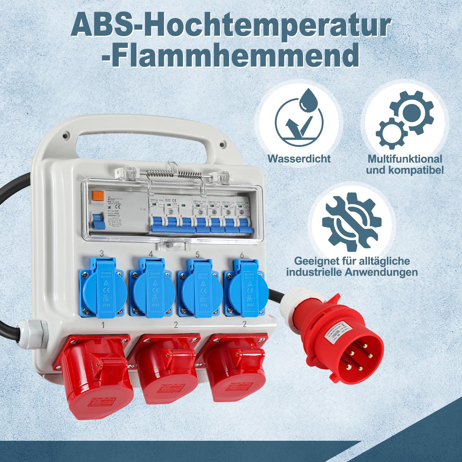 Distributore a parete, 2 x CEE 400 V/16 A + 4 x 230 V Schuko IP44 5 poli, distributore da cantiere 32a, con coperchio a scatto sicuro per cavi, con interruttore RCCB, con cavo da 1,2 m, per