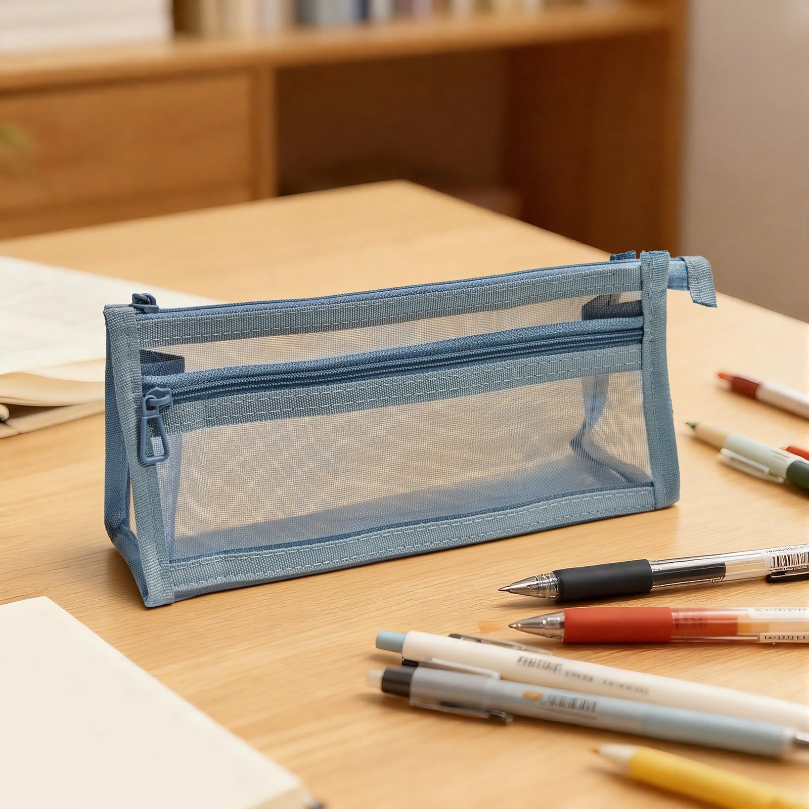 Double Layer Pen Holder - Large Capacity Clear Pencil Box for Desk Organizer Accessories | Adult Office & College Use - Blue
