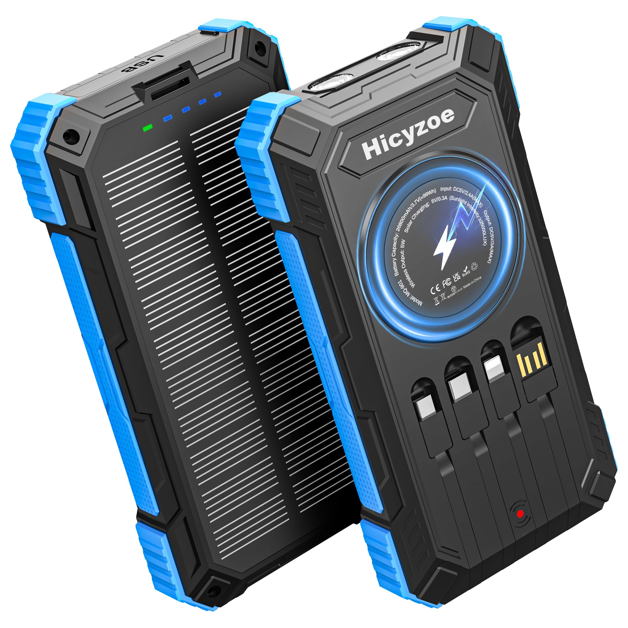 Solar Powerbank, 26800 mAh Tragbares Ladegerät mit 4 Integrierten Kabeln, Solar-Akkuladegerät mit USB-C Schnellladung, Qi-Wireless-Charging mit LED-Taschenlampen für Handys, Tablets und Camping