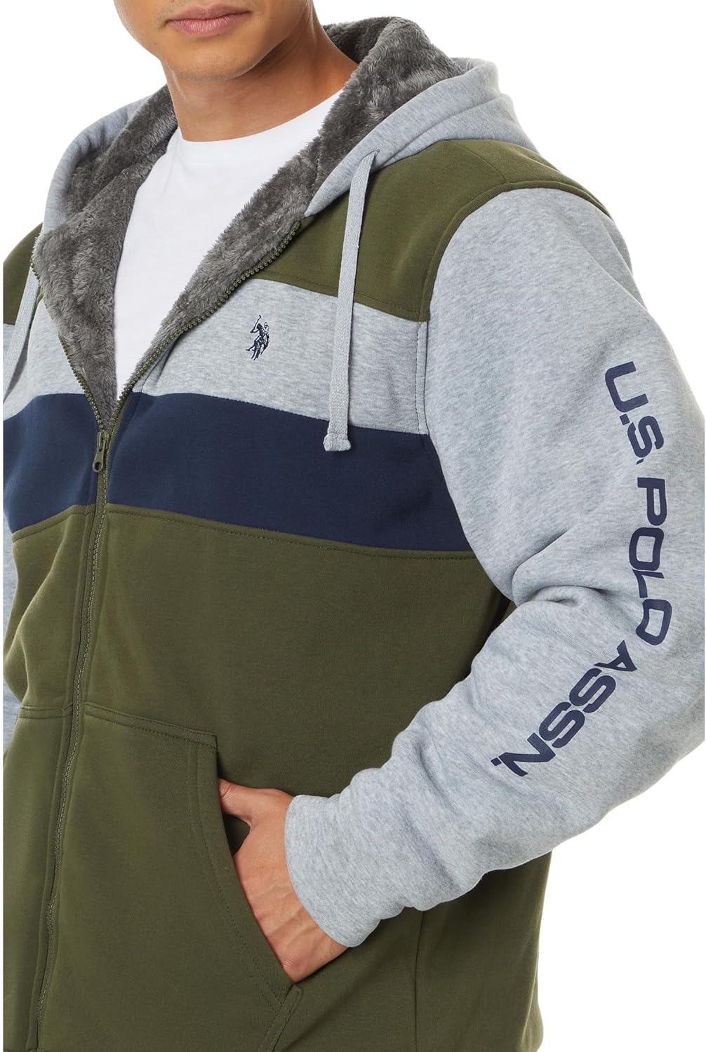 U.S. Polo Assn. mens Uspa Tri Color-block 2 Stripe Sherpa Hoodie - Image 3