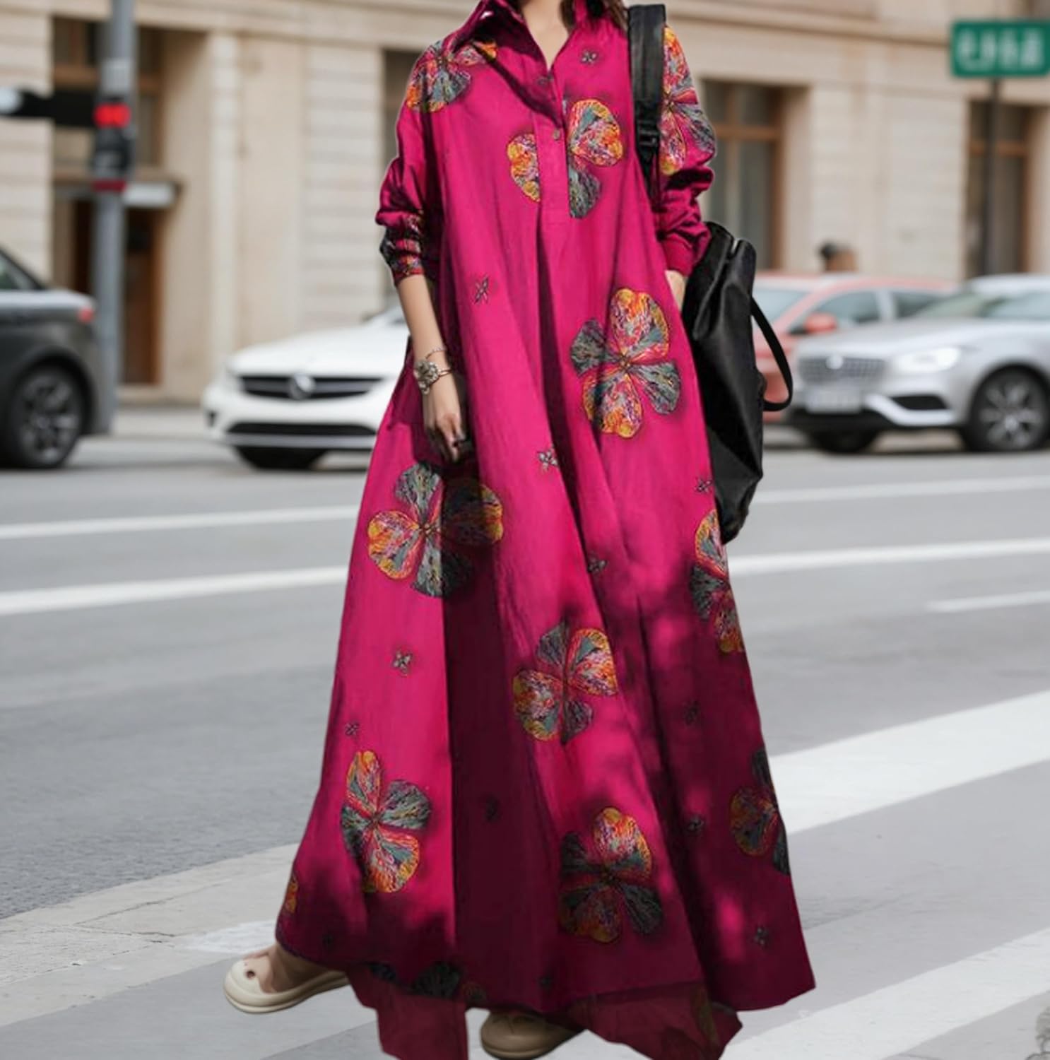 Womens Cotton Linen Plaid Long Sleeve Maxi Shirt Dress Lightweight Oversize Casual Loose Long Dresses with Pockets - Image 2