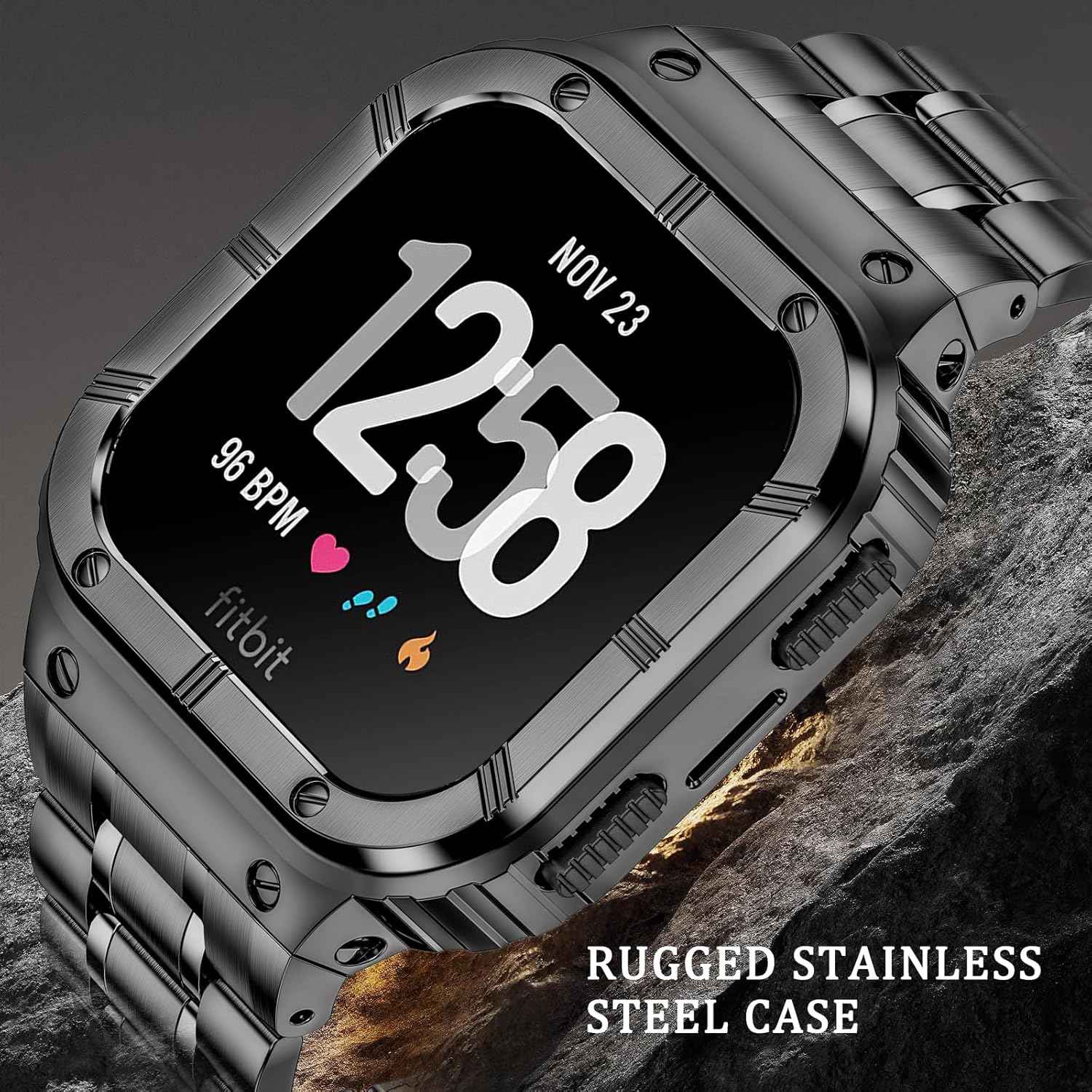 Stainless Steel Watch Band with Case Compatible for Fitbit Versa/Fitbit Sense Bands, Rugged Protective Bumper Metal Wristbands for Men Women Grey
