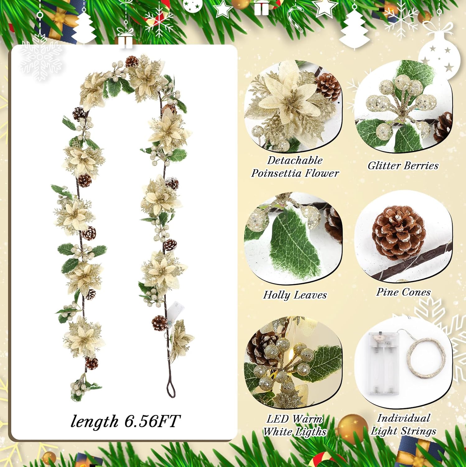 Syhood 6.5ft Prelit Poinsettia Flower Garland Valentine's Day Decor Artificial Lighted Garland Battery Operated Glitter Berries Leaves for Christmas Mantle Home Indoor Outdoor Decor(Champagne,1 Pcs) - Image 3