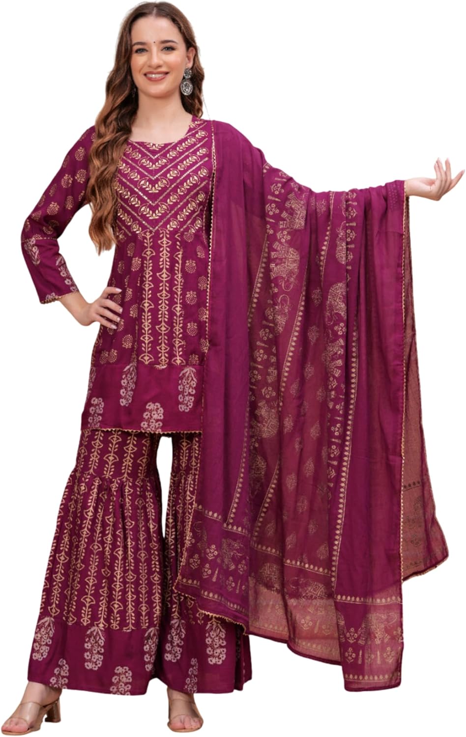 Indian Women's Purple Floral Printed Kurta Set