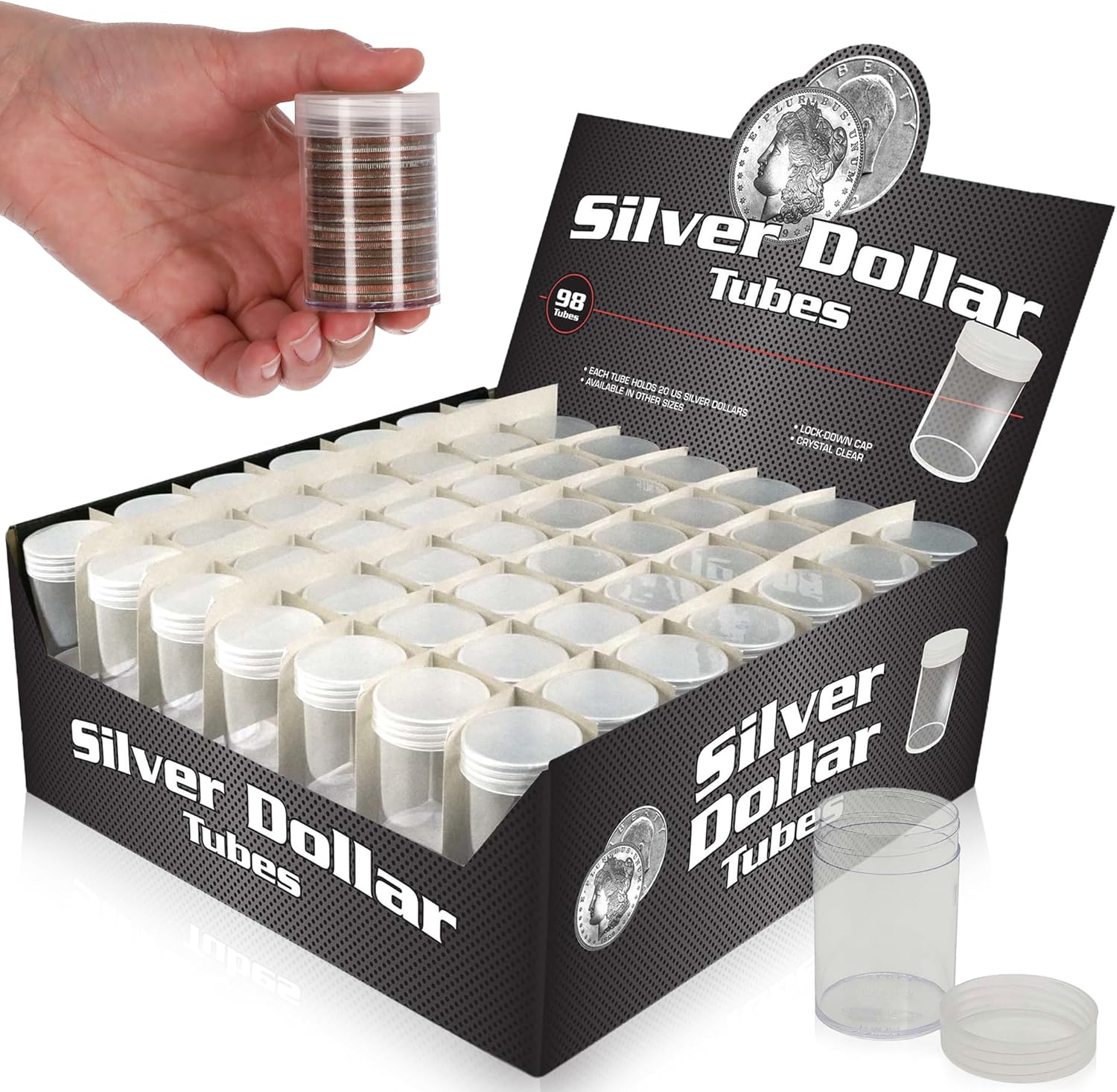BCW Coin Tubes for Silver Dollars - 98ct | Holds Eisenhower Dollar | Durable Plastic Tube Coin Holders | Coin Collecting Supplies | Coin Storage Tubes with Airtight Lids