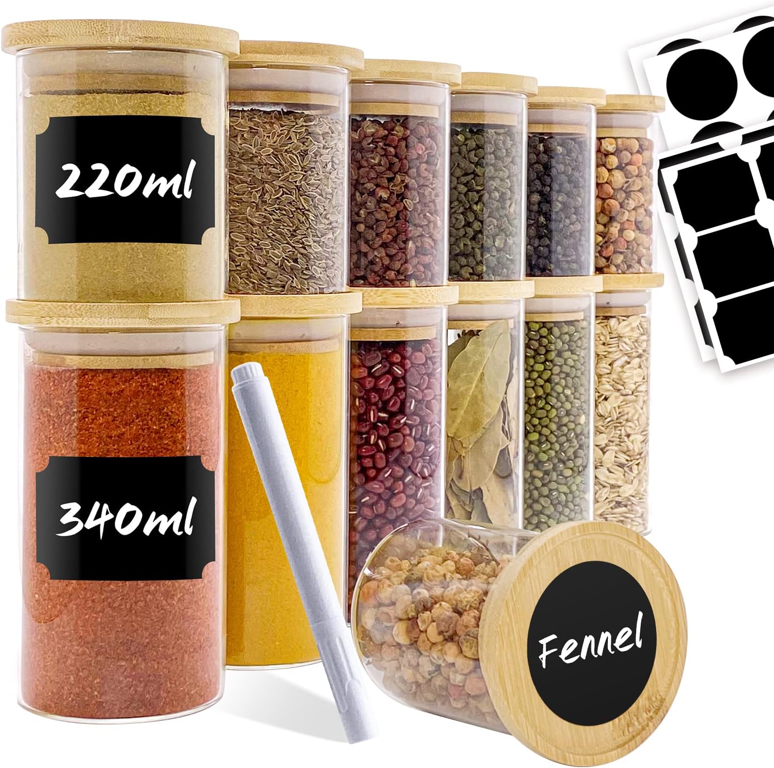 KYYLZ 500ml Bocaux en Verre Hermetiques avec Couvercle en Bambou, Lot de 4 pot en verre, Bocaux Rangement Cuisine, pour Avoine, Epices, Confiserie, Lavable au Lave-vaisselle