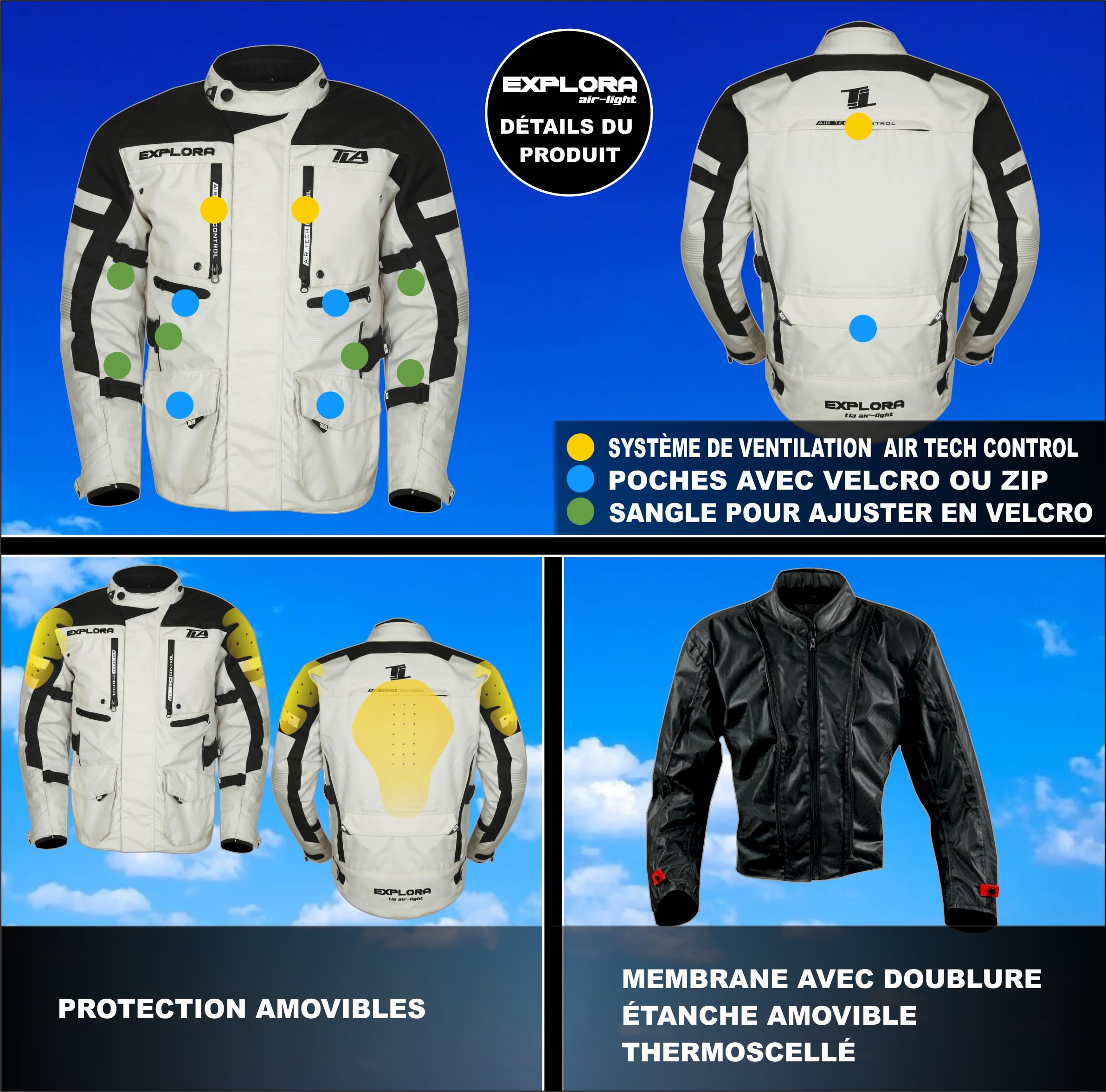 TLA EXPLORA LIGHT Veste moto avec protections homologuées CE classe A, doublure imperméable amovible, tailles jusqu'à 7XL homme, femme. Veste moto Enduro, Tourisme, Aventure, demi-saison, été