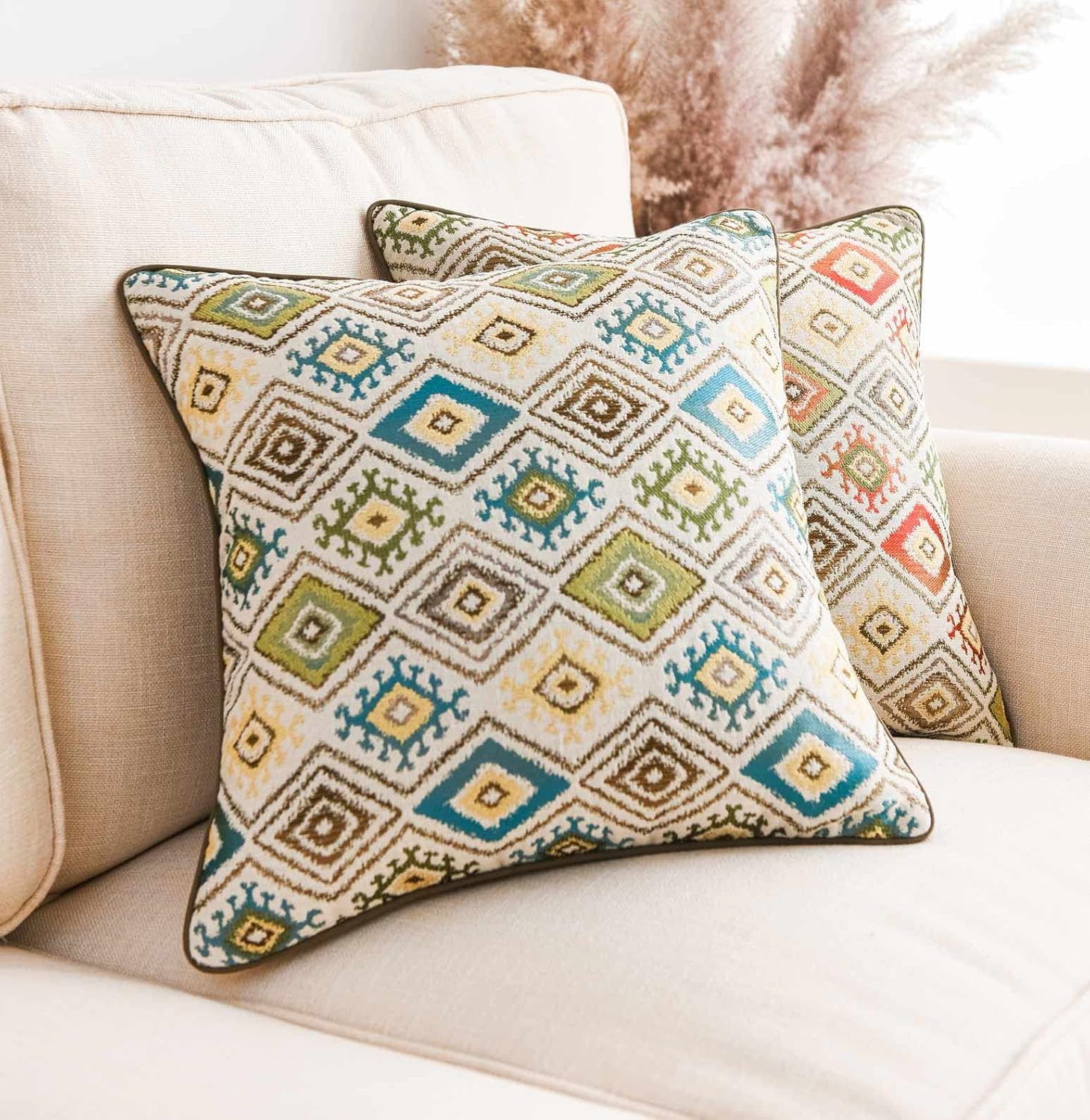 Sets of 2 Jacquard Boho Style Ikat Diamond Pattern Square Pillow Cover 18X18 Inches with Ikat Pattern,Cover Only (Blue)