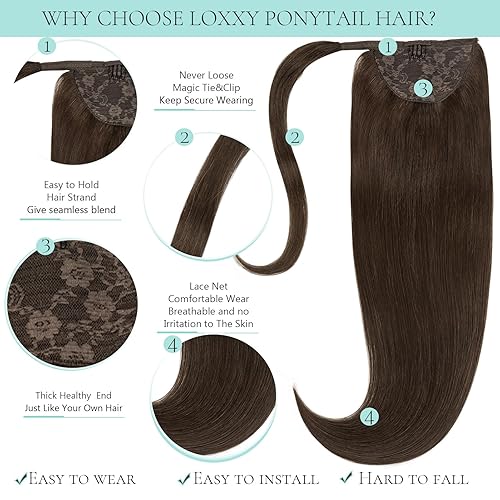 Miniatura 7 de Loxxy - Extensión de cola de caballo de cabello humano envolvente color marrón oscuro claro, 14 pulgadas, extensiones de cabello lacio natural con