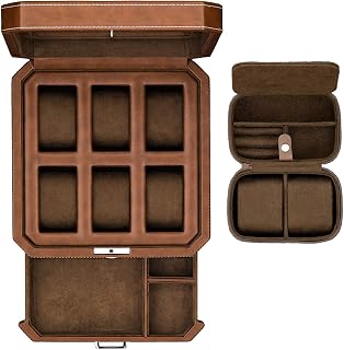ROTHWELL Gift Set 6 Slot Leather Watch Box with Valet Drawer - Luxury Watch Case Display Organizer, Microsuede Liner, Locking Jewelry Box, Mens Storage Boxes Holder Large Glass Top (Tan/Brown Gift Set)