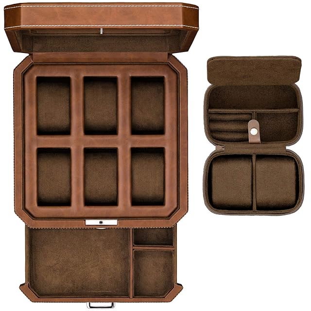 Gift Set 6 Slot Leather Watch Box with Valet Drawer - Luxury Watch Case Display Organizer Microsuede Liner