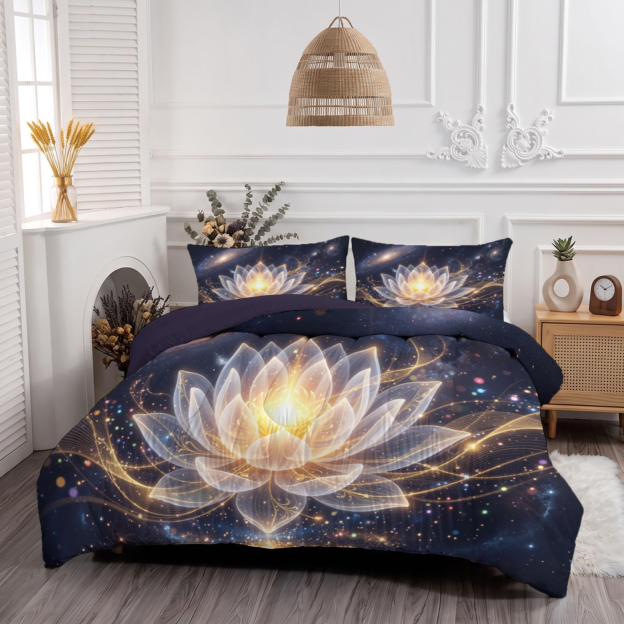 Trapunta Vortex Loto Stellato 3D, Piumino Singolo 4 Stagioni | 140X200 Cm Con Federa 50X80, Piumone Leggero In Microfibra, Trapunta Reversibile Paesaggio Via Lattea Ispirato Zen, Blu Scuro