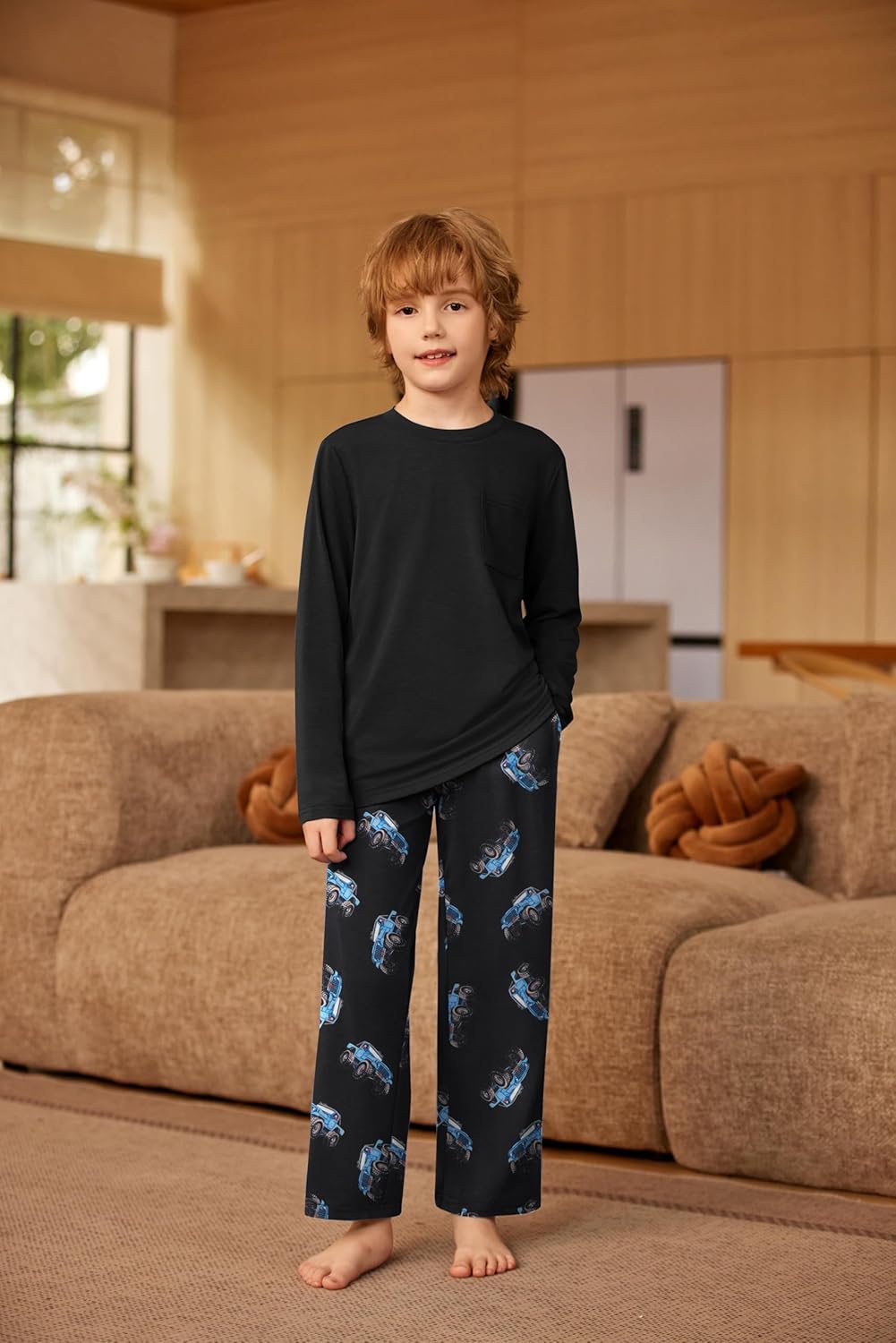 Arshiner Boys Loose-fit Pajamas Long Sleeve Top and Pants Car Print Black 2 Piece Pajama Set for Big Boys 12-13 Years - Image 2