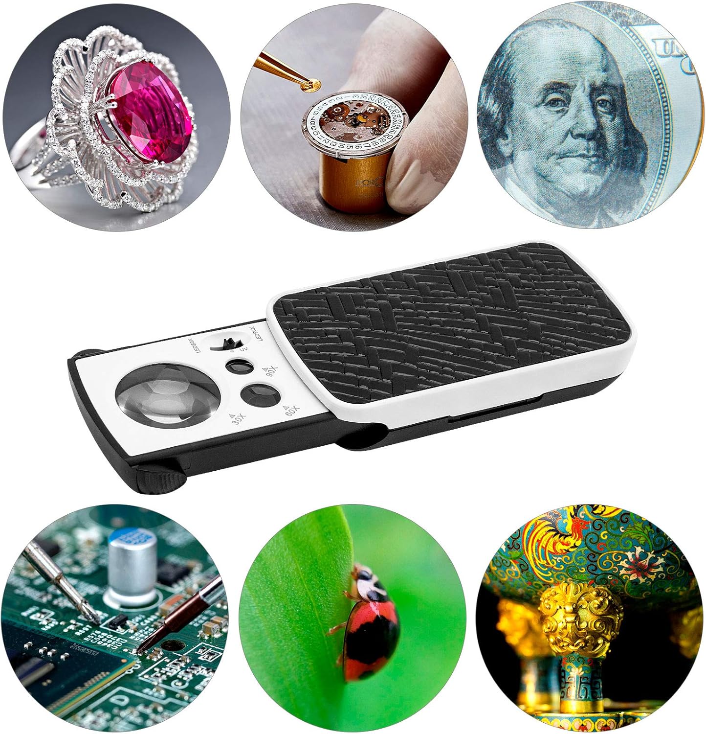 2 Packs Jewelry Loupes, 30X 60X 90X Illuminated Jewelers Eye Loupe Magnifier, Portable Loupe Magnifier with UV Black Light for Jewelry, Coins, Gems, Stamps (Black) : Arts, Crafts & Sewing