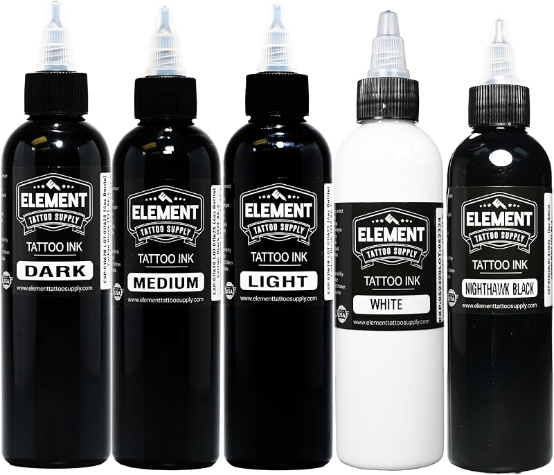 Element Tattoo Supply Tinta para Tatuagem Greywash, Conjunto com 5 Frascos de 240 mL
