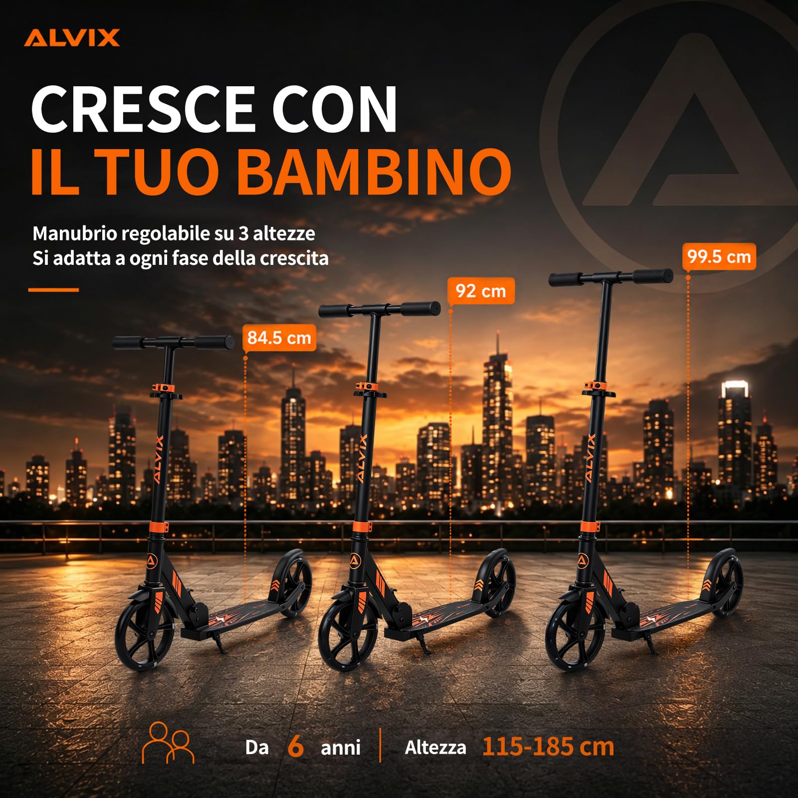ALVIX Monopattino per bambini con ruote luminose a LED, regolabile in altezza, a partire dai 6 anni, ruote da 200 mm, pieghevole con tracolla, ampia pedana, fino a 100 kg