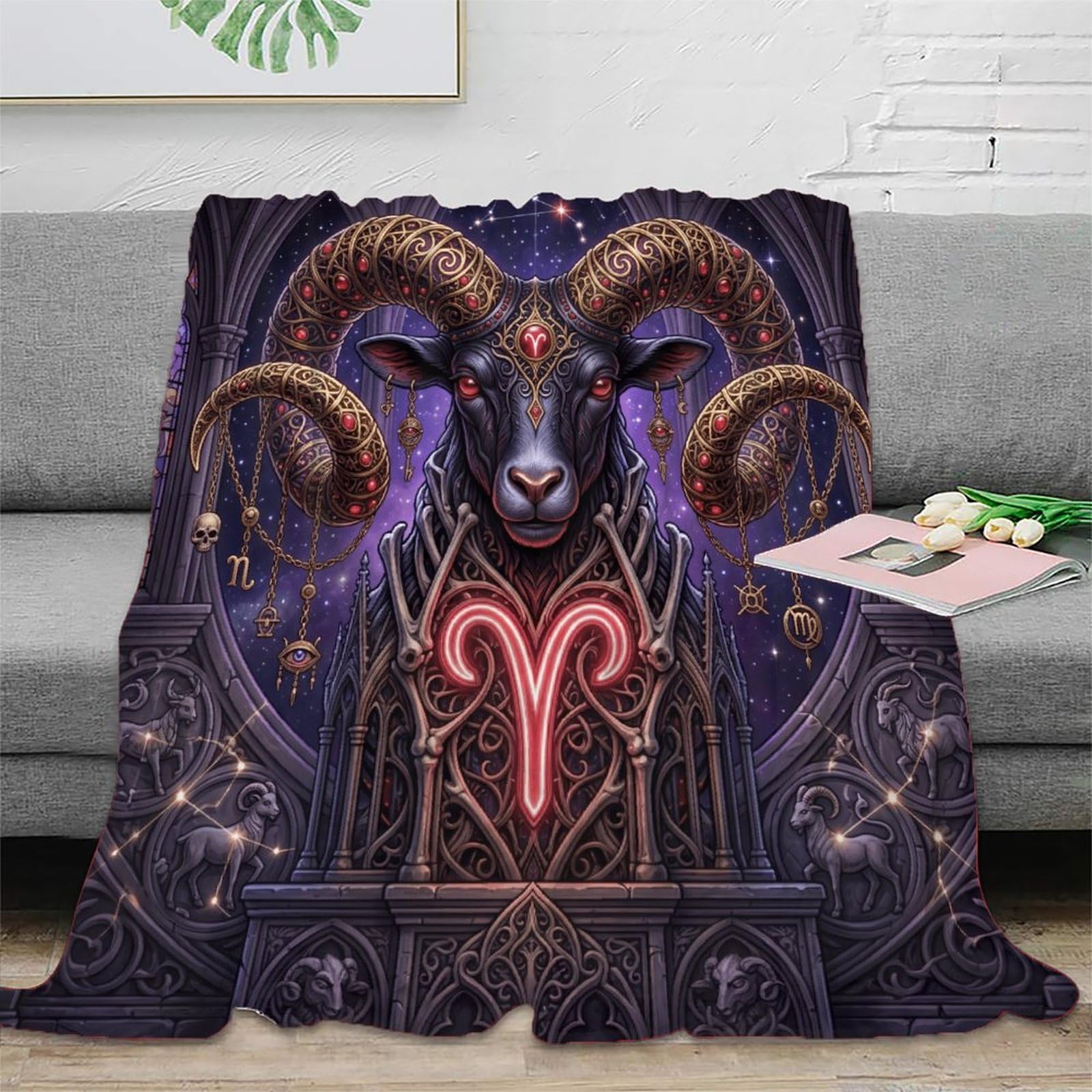 H3B8U2Y5 Aries Zodiac Mystical Gothic Flannel Throw Blanket, Couch TV Time
