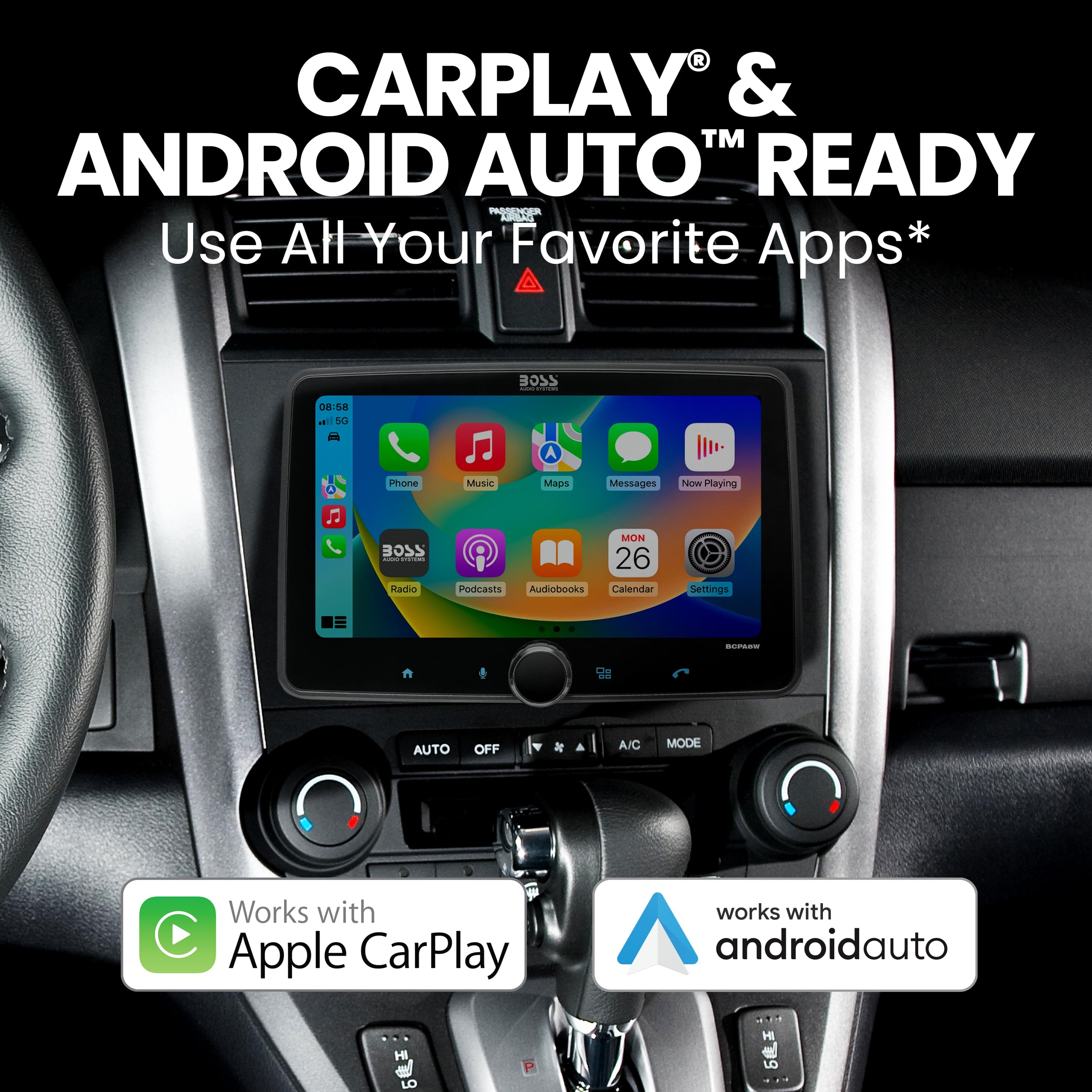 BOSS Audio Systems BCPA8W Car Stereo – Wireless Apple CarPlay & Android Auto, Single Din, 8 Inch Touchscreen, Bluetooth, No CD DVD Player, AM/FM Radio Receiver