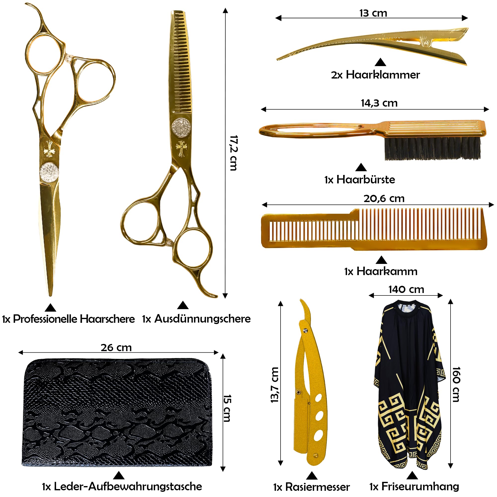 WR CASTLE Kit de coiffure Ciseaux de coiffure professionnels Pinces à cheveux Brosse à cheveux Peigne Rasoir Cape de coiffeur Étui en cuir