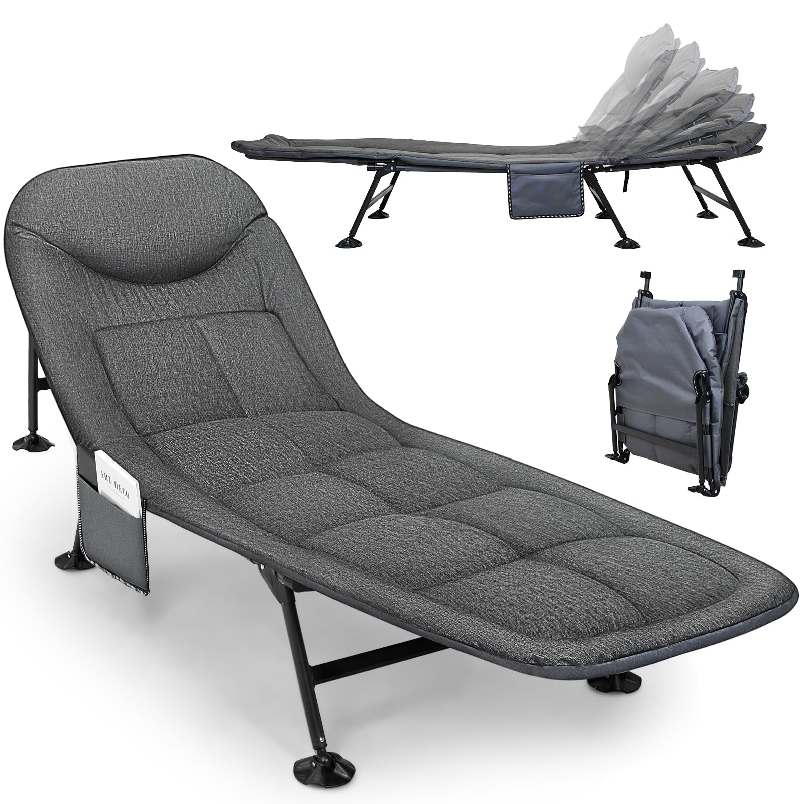 Warmiehomy Sun Lounger Reclining Garden Chair with Side Pocket Folding Fishing Bedchair 5 Gear Adjustable Outdoor Sunloungers with Headrest Portable Sunbathing Chair, Dark Grey