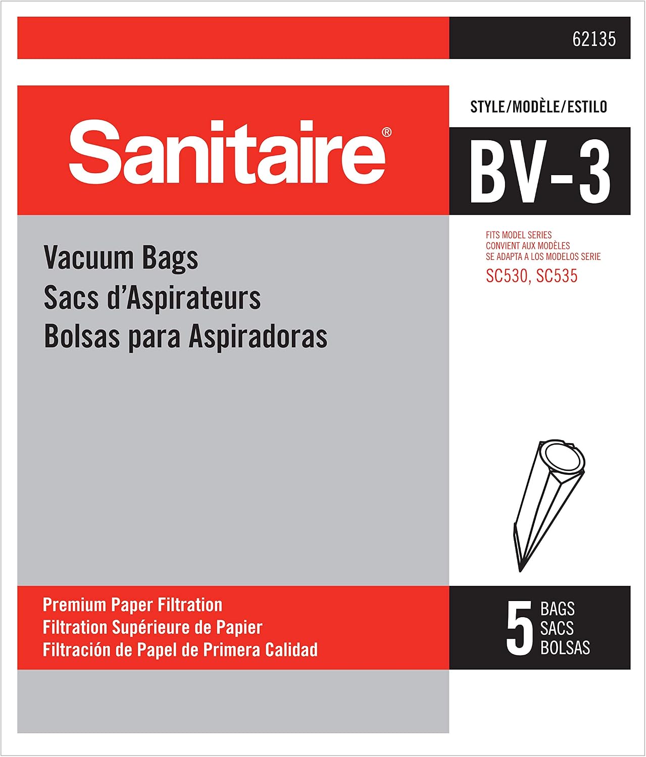 Sanitaire BV-3 Premium Paper Bag (Backpack vac bag), Pack of 5, 62135, X-Large