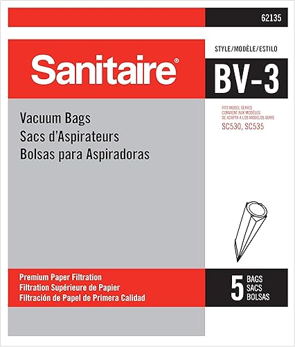 Sanitaire BV-3 62135 - Bolsa de papel prémium (mochila para aspiradora), paquete de 5, tamaño XL, Blanco