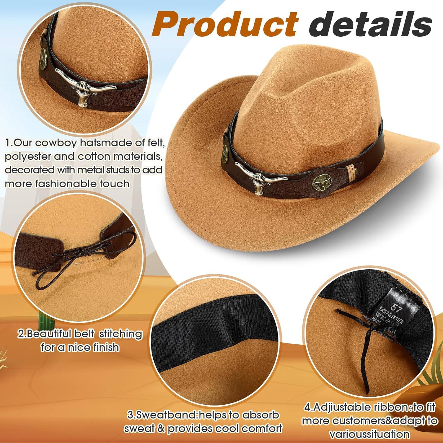 Panitay 4 Pcs Classic Western Cowboy Hat for Men Felt Wide Brim Hats Women Belt Buckle Panama for Adults Kids Party, 4 Colors - Image 3