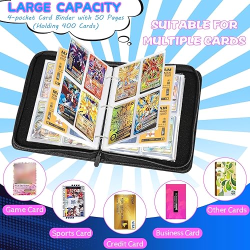 Miniatura 7 de Carpeta de tarjetas de 4 bolsillos, 400 bolsillos con 50 fundas extraíbles, coleccionista de tarjetas de béisbol con cremallera, soporte para álbum