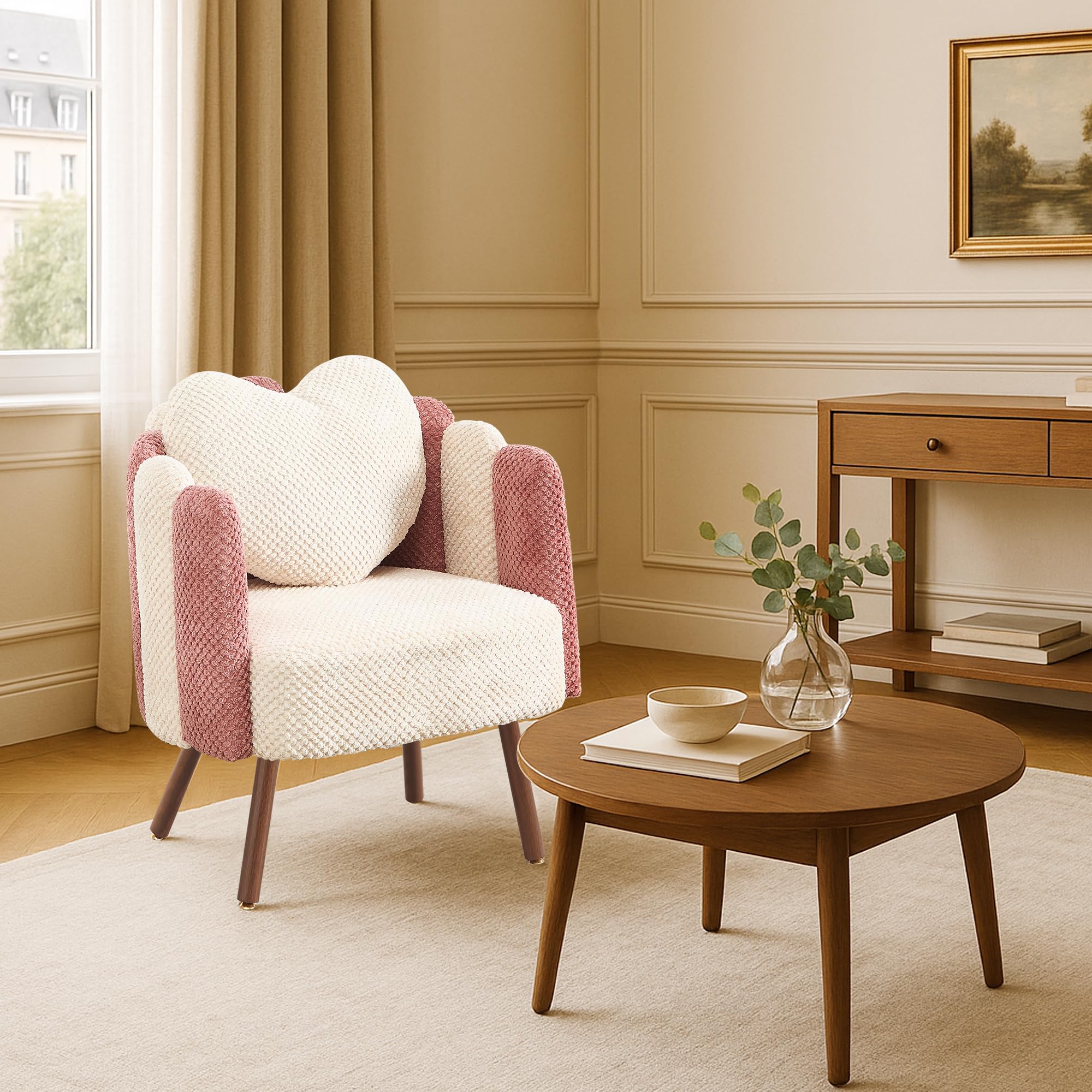 Amazon.com: BOWTHY Modern Velvet Petal Accent Chair,Cute Vanity Chair with Back and Wood Legs,Home Reading Chair Armchair for Living Room,Makeup Room, Bedroom (Beige+Pink) : Home & Kitchen