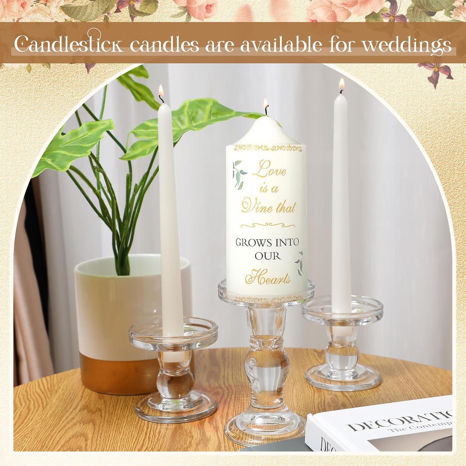 MTLEE 3 Unity Candles with Candle Holder for Wedding Unity Candle Set Include 1 Pillar and 2 Taper Candles for Ceremony Wedding Accessories Baptism Catholic Church (Eucalyptus Leaf)