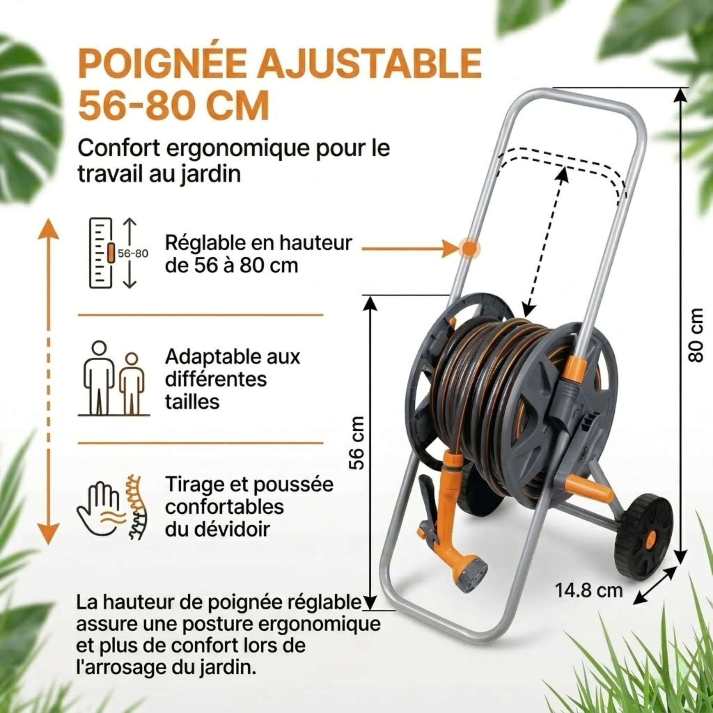 NEO TOOLS Kit complet d'irrigation de jardin mobile, avec dévidoir, tuyau d'arrosage de 30 m et douchette de jardin 6 fonctions pour pelouse, en PVC, résistant aux UV | Tuyau d'arrosage de 30 m - 1/2" - 6 fonctions - Pour pelouse et jardin - PVC - Résista