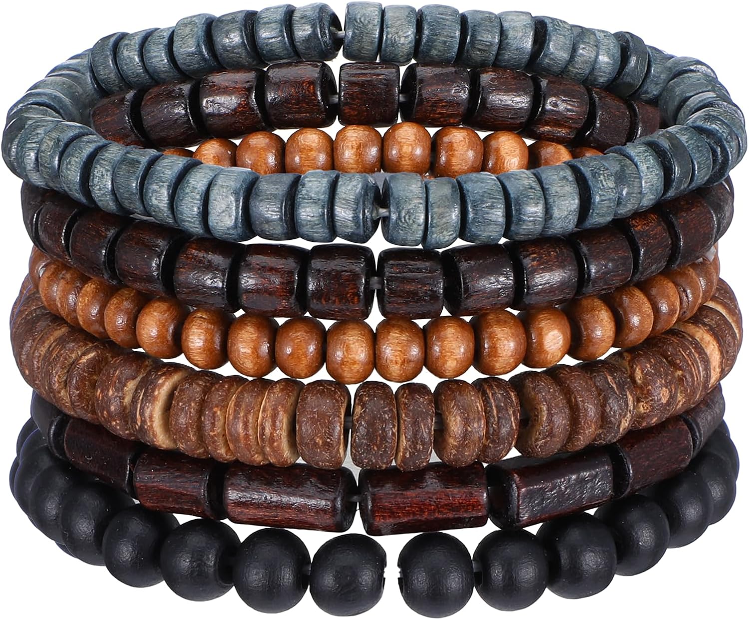 6 Pack Men Bracelets, Beaded Bracelets for Men Adjustable Wooden Vintage Beaded Bracelet Sets for Gift Christmas Friend Easter Cuff Wrap Baptism Multilayer Grunge Sets for Women