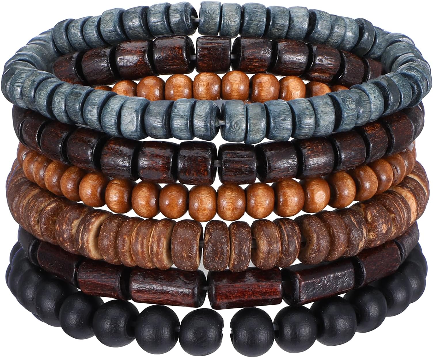 6 Pack Men Bracelets, Beaded Bracelets for Men Adjustable Wooden Vintage Beaded Bracelet Sets for Gift Christmas Friend Easter Cuff Wrap Baptism Multilayer Grunge Sets for Women