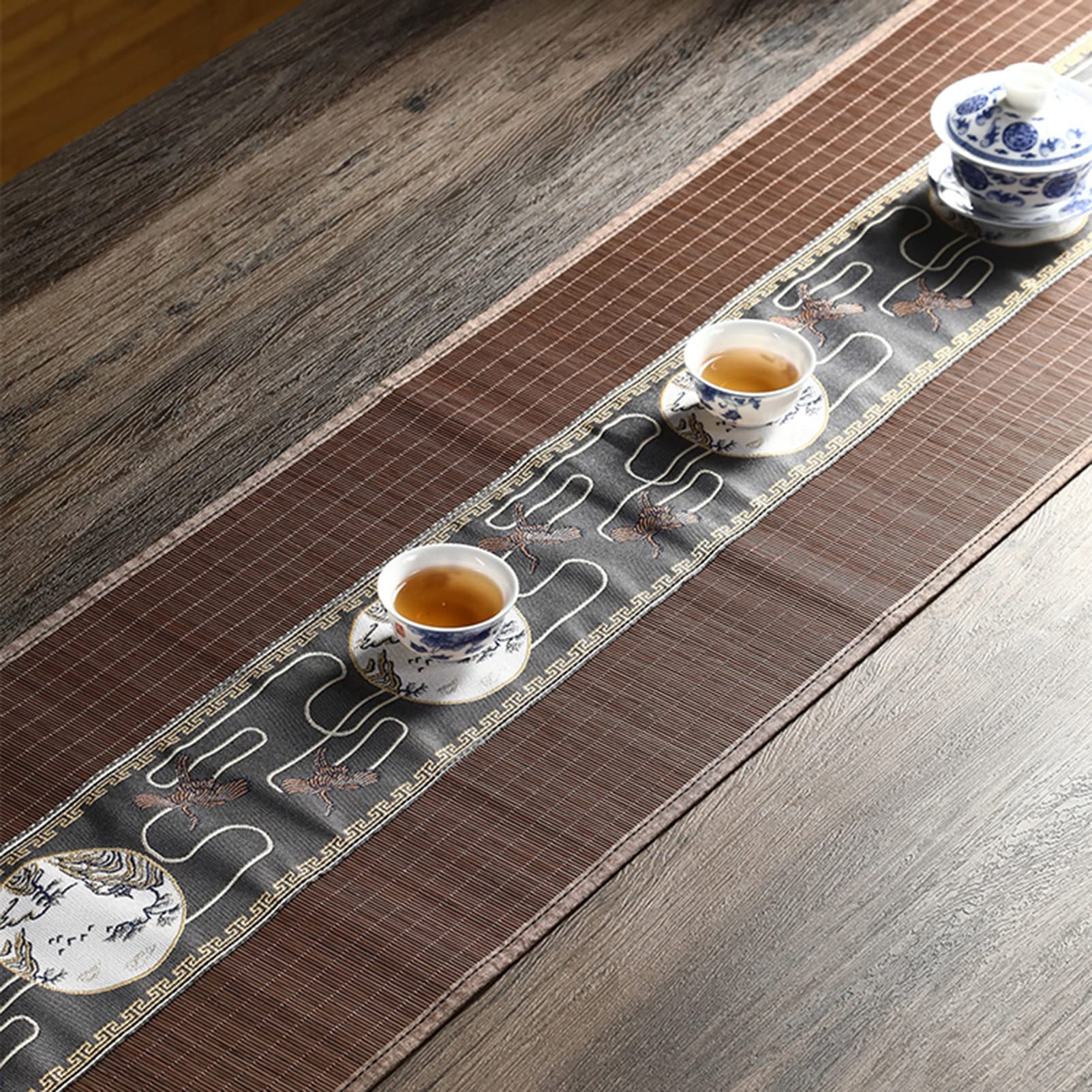 Chemin de table en bambou, Tapis de table tissé en soie de bambou avec support en maille antidérapant, tapis de table durable avec décor en tissu jacquard, set de table de décoration de mariage de fêt