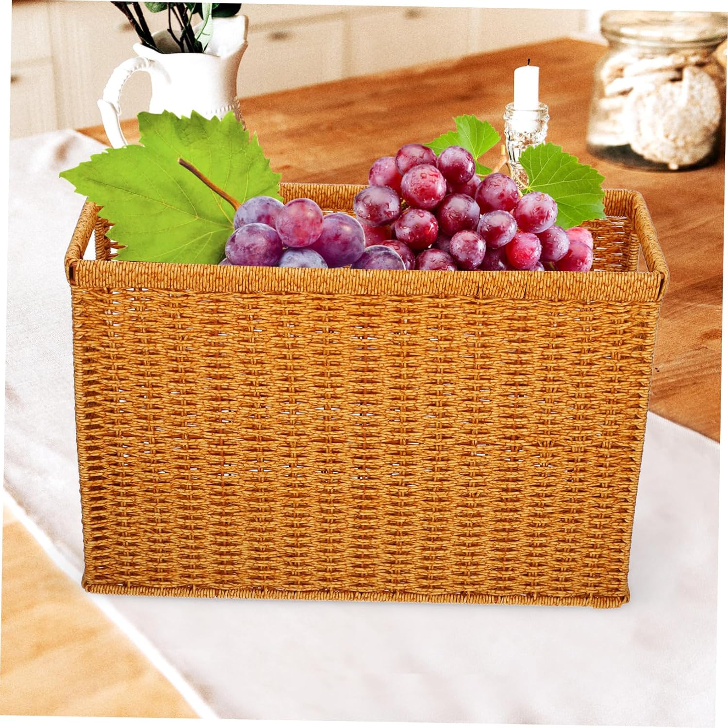Ciieeo Desktop Woven Storage Basket with Handle Rattan Sundries Holder Design for Home Organization for Nursery Bedroom Living Room and Office