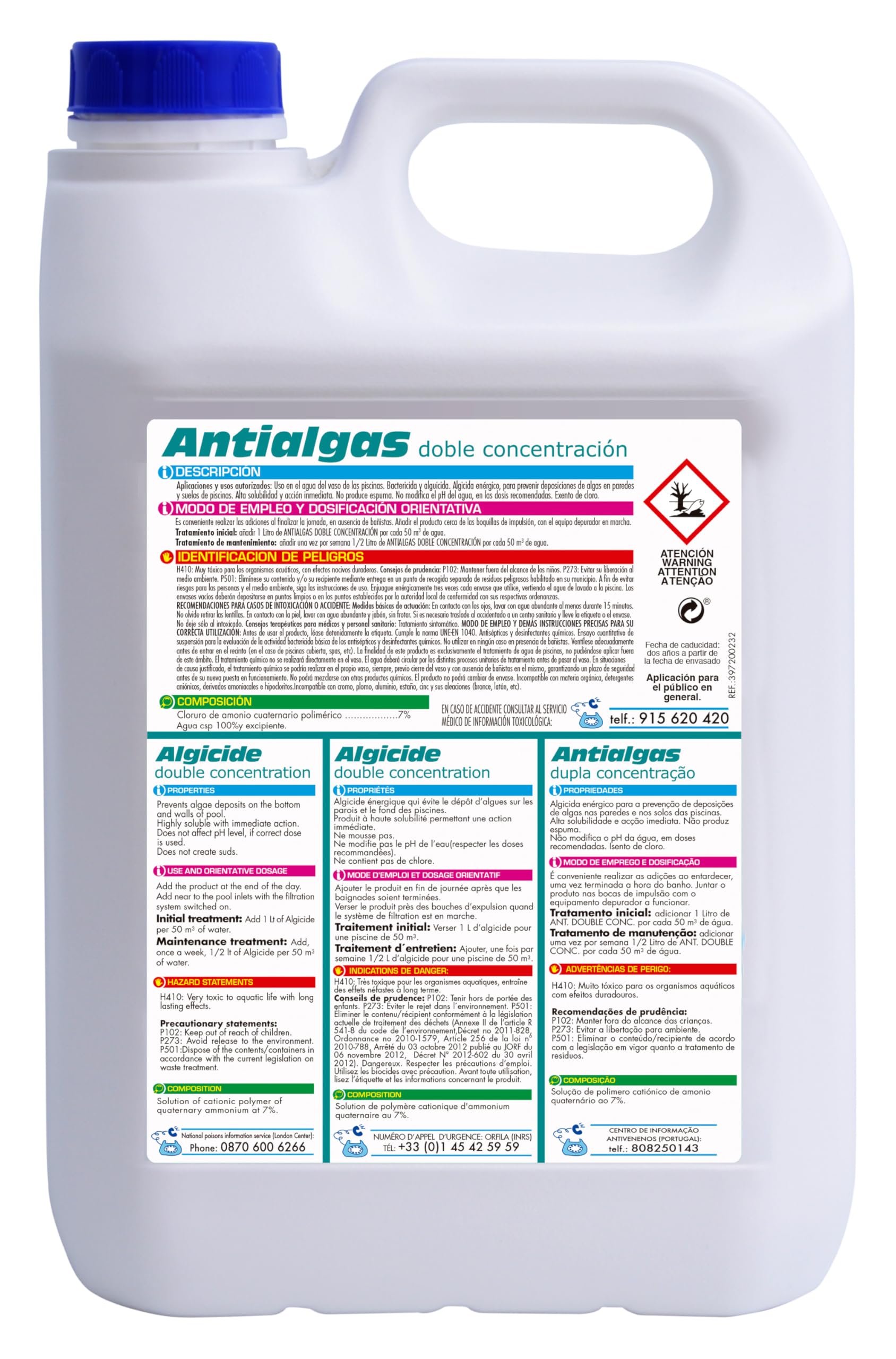 PQS Antialgas Doble Concentración para Piscinas – Alguicida Líquido Uso Público – Registro 20-60-07543 – Sin Espuma ni Residuos – Compatible con Otros Tratamientos – Garrafa 5 L
