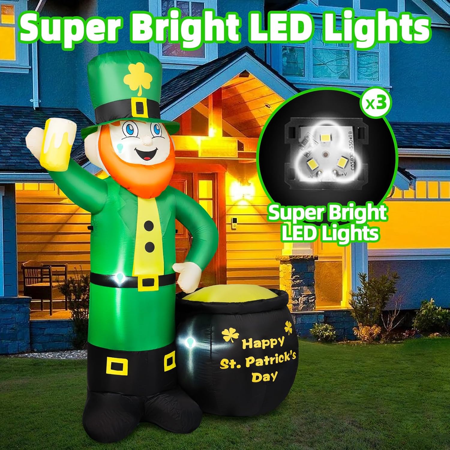 6FT St Patricks Day Inflatables Outdoor Decorations, Leprechaun Inflatable Holds Beer Cup with Pot of Gold Built-in LED Lights, St Patricks Day Decorations for Party Holiday Yard Garden Decor